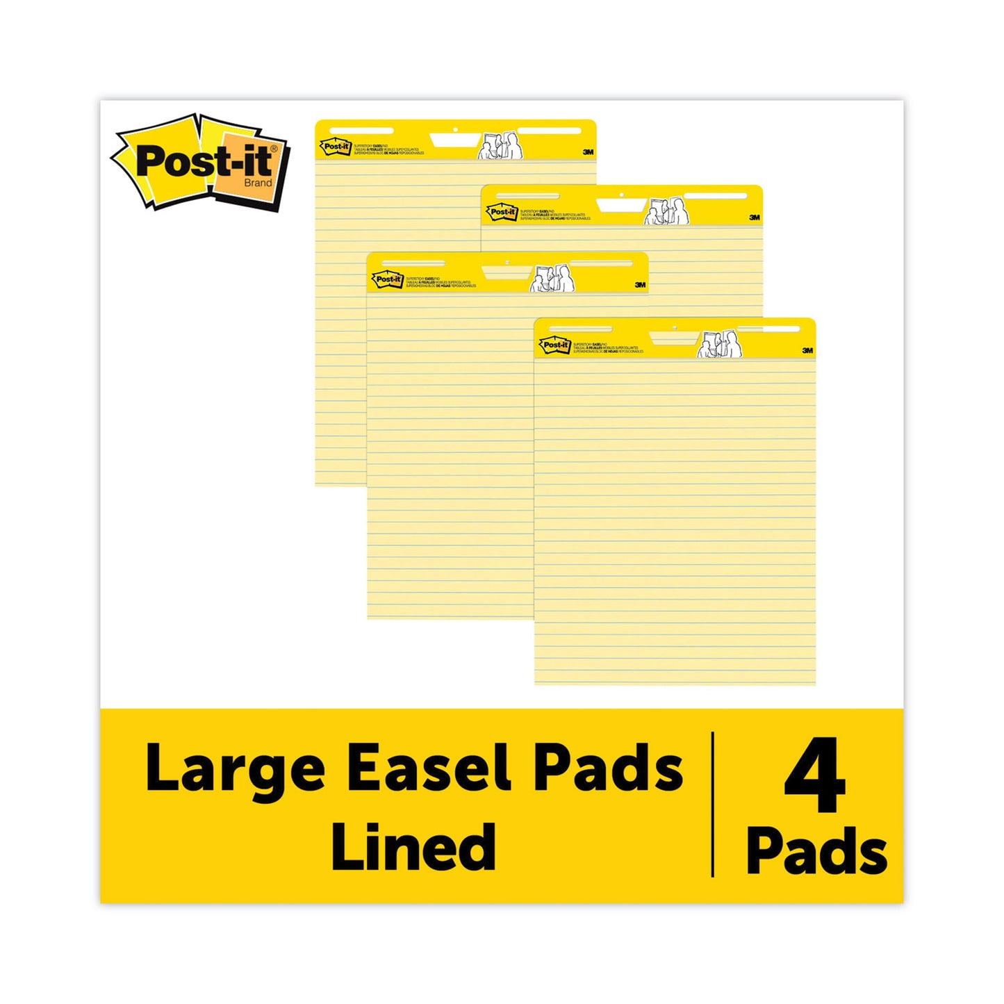 Post-it Vertical-Orientation Self-Stick Easel Pad Value Pack, Presentation Format (1.5" Rule), 25 x 30, Yellow, 30 Sheets, 4/Carton (561VAD4PK)