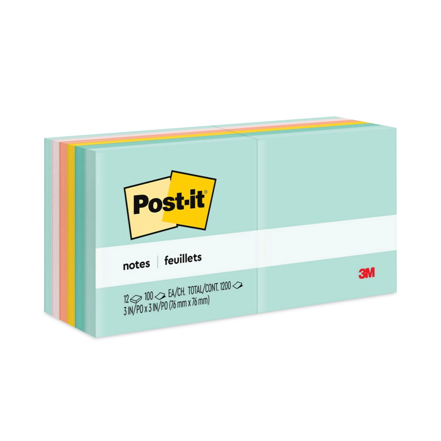 Post-it Original Pads in Beachside Cafe Collection Colors, 3" x 3", 100 Sheets/Pad, 12 Pads/Pack (654AST)