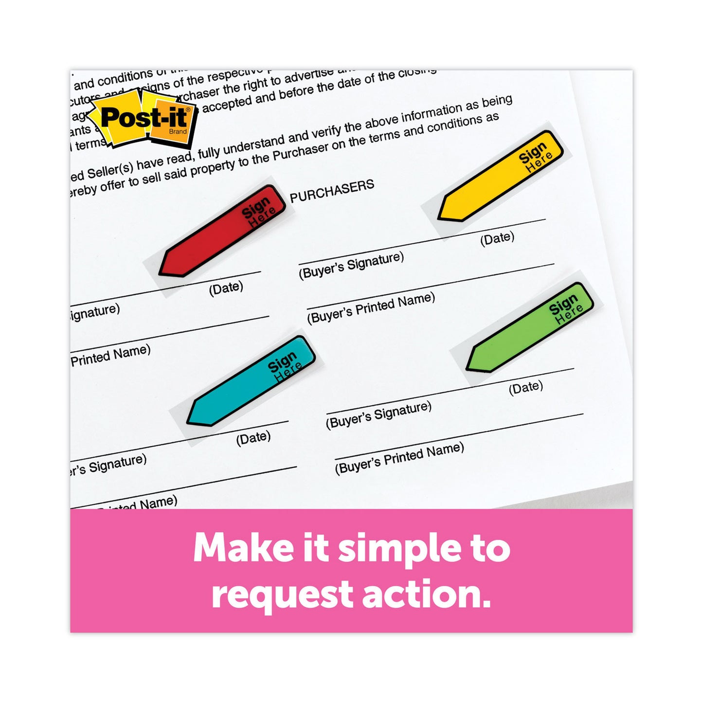 Post-it Arrow Message 0.5" Page Flags, Sign and Date, 4 Primary Colors, 20 Flags/Dispenser, 4 Dispensers/Pack (684SD)