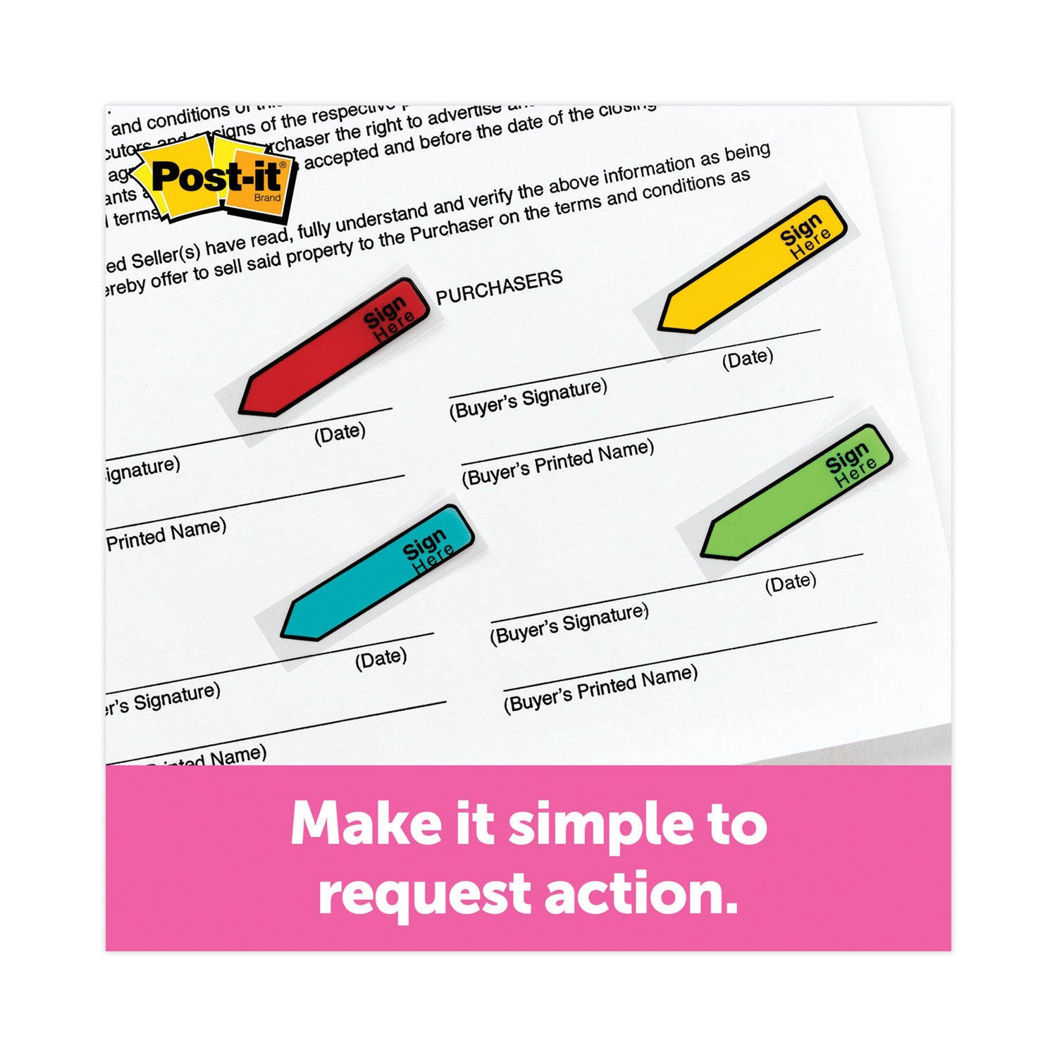 Post-it Arrow Message 0.5" Page Flags w/Dispensers, "Sign Here", Asst Primary, 30 Flags Dispenser, 4 Dispensers/Pack (684SH)