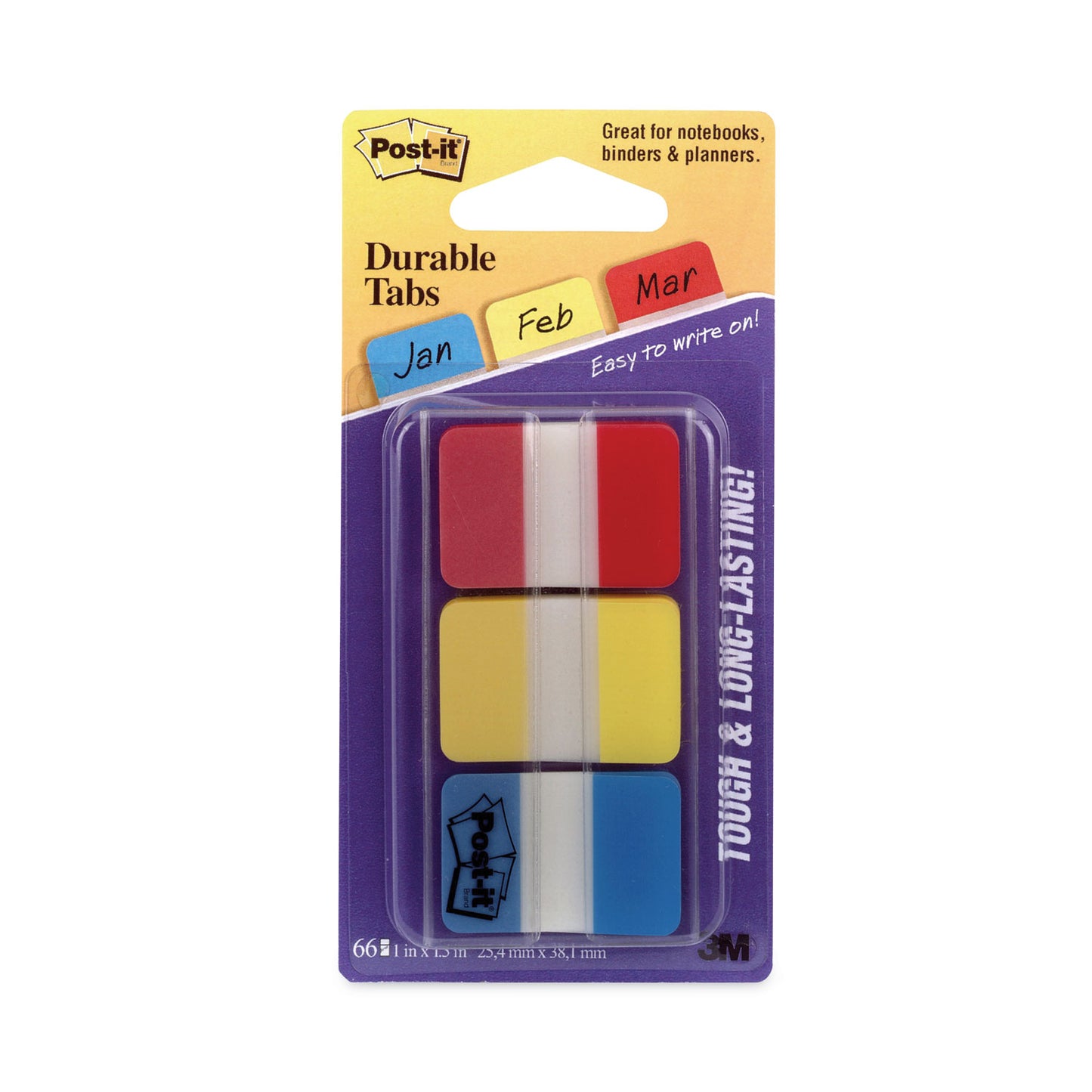 Post-it 1" Plain Solid Color Tabs, 1/5-Cut, Assorted Primary Colors, 1" Wide, 66/Pack (686RYB)