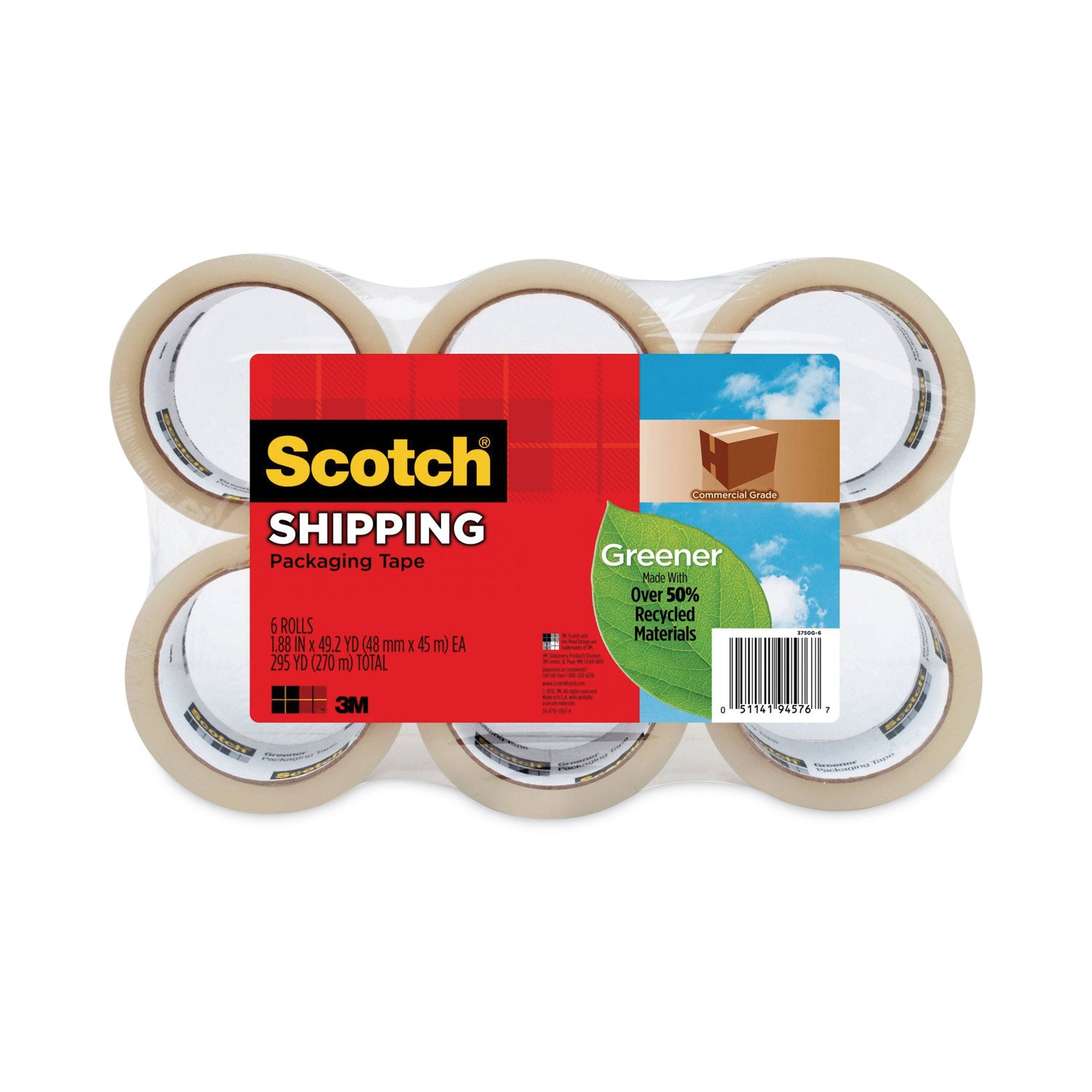 Scotch Greener Commercial Grade Packaging Tape, 3" Core, 1.88" x 49.2 yds, Clear, 6/Pack (3750G6)