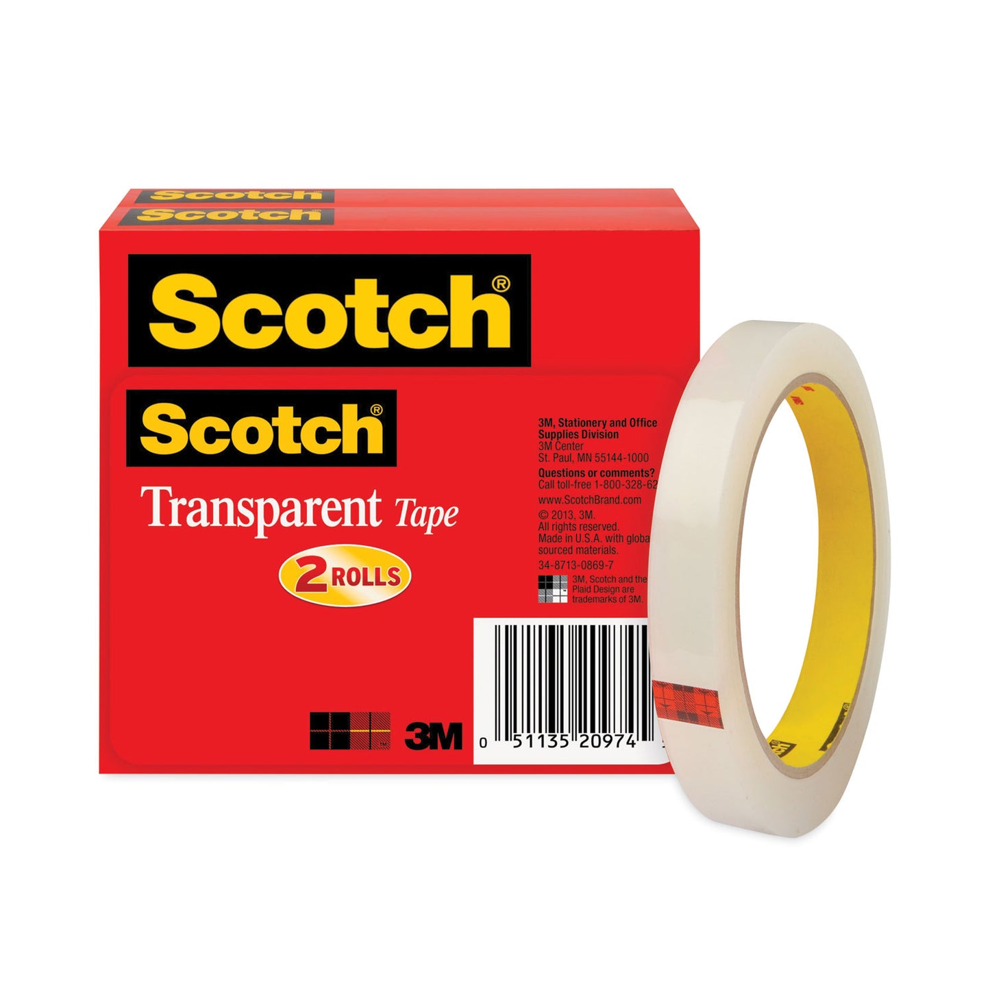 Scotch Transparent Tape, 3" Core, 0.5" x 72 yds, Transparent, 2/Pack (6002P1272)
