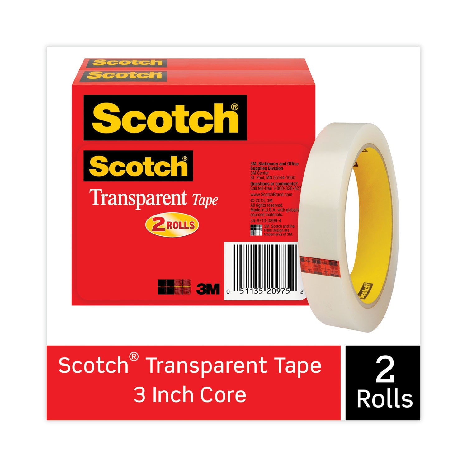 Scotch Transparent Tape, 3" Core, 0.75" x 72 yds, Transparent, 2/Pack (6002P3472)