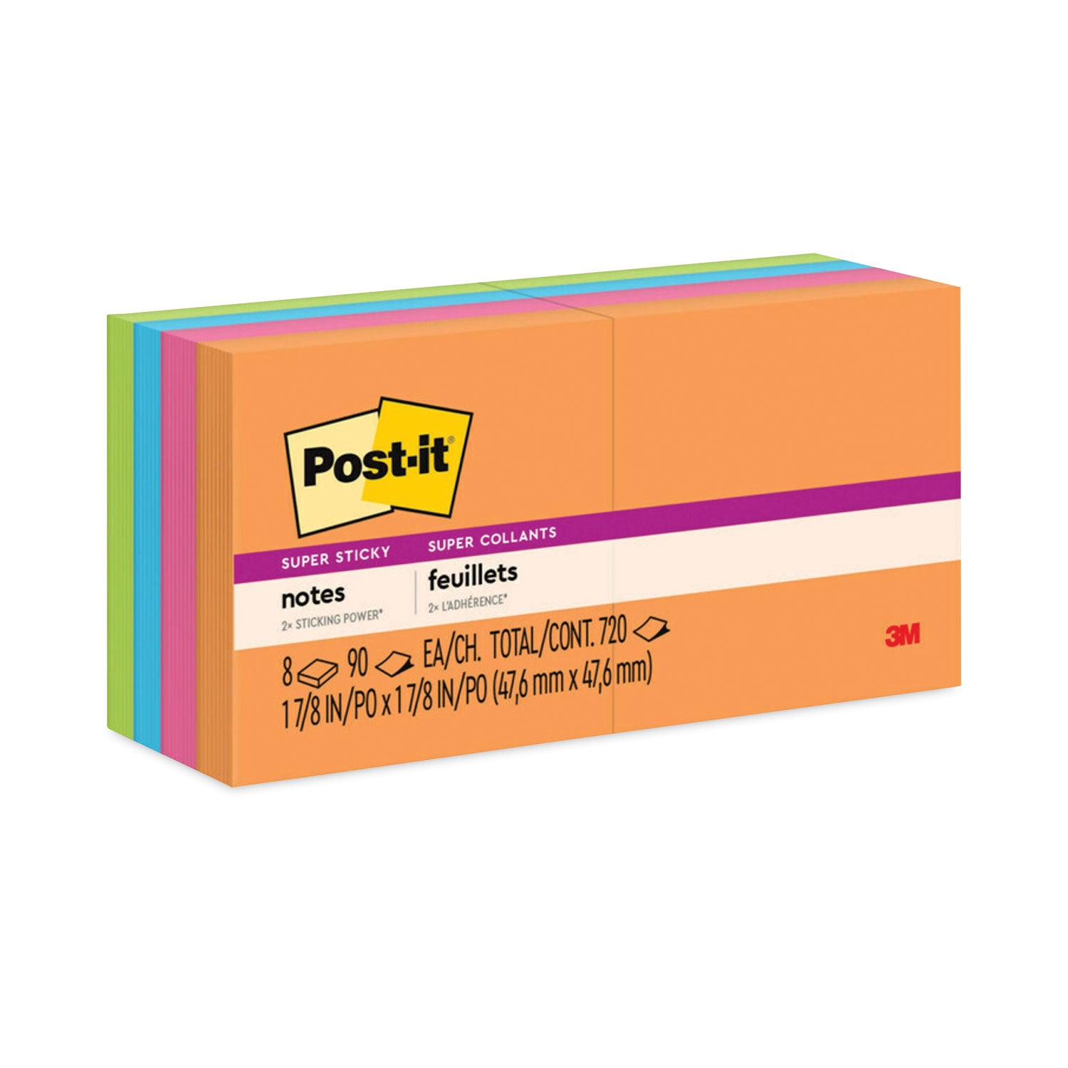 Post-it Pads in Energy Boost Collection Colors, 2" x 2", 90 Sheets/Pad, 8 Pads/Pack (6228SSAU)