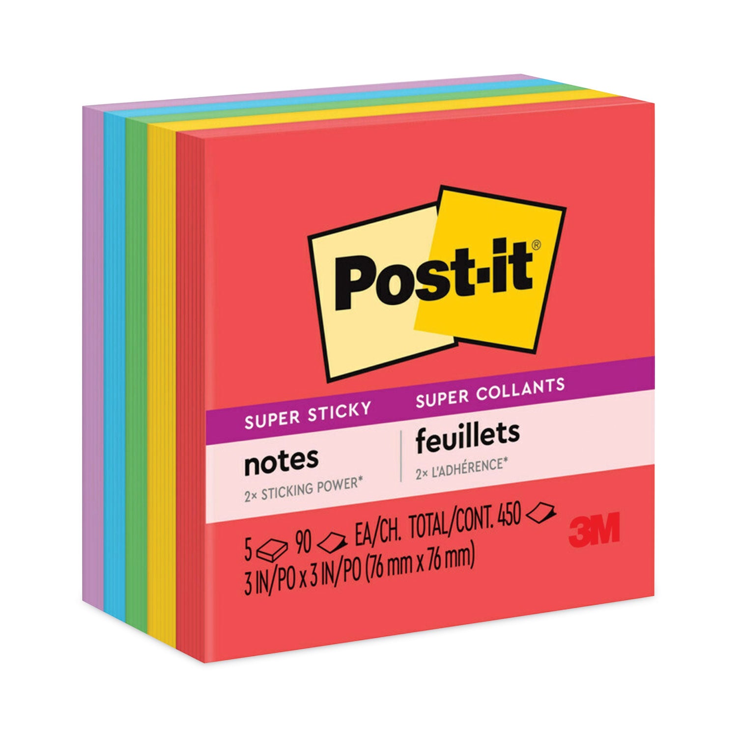 Post-it Pads in Playful Primary Collection Colors, 3" x 3", 90 Sheets/Pad, 5 Pads/Pack (6545SSAN)