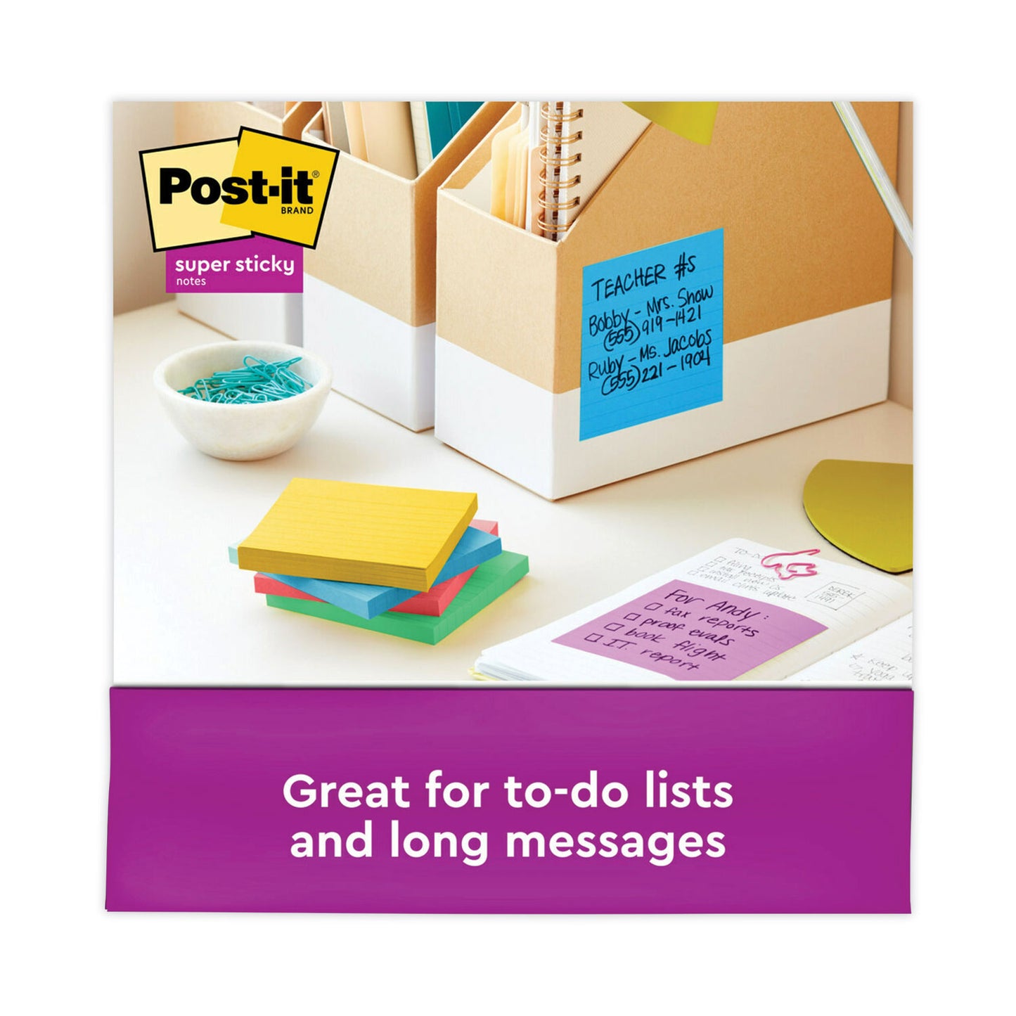 Post-it Pads in Playful Primary Collection Colors, Note Ruled, 4" x 4", 90 Sheets/Pad, 6 Pads/Pack (6756SSAN)