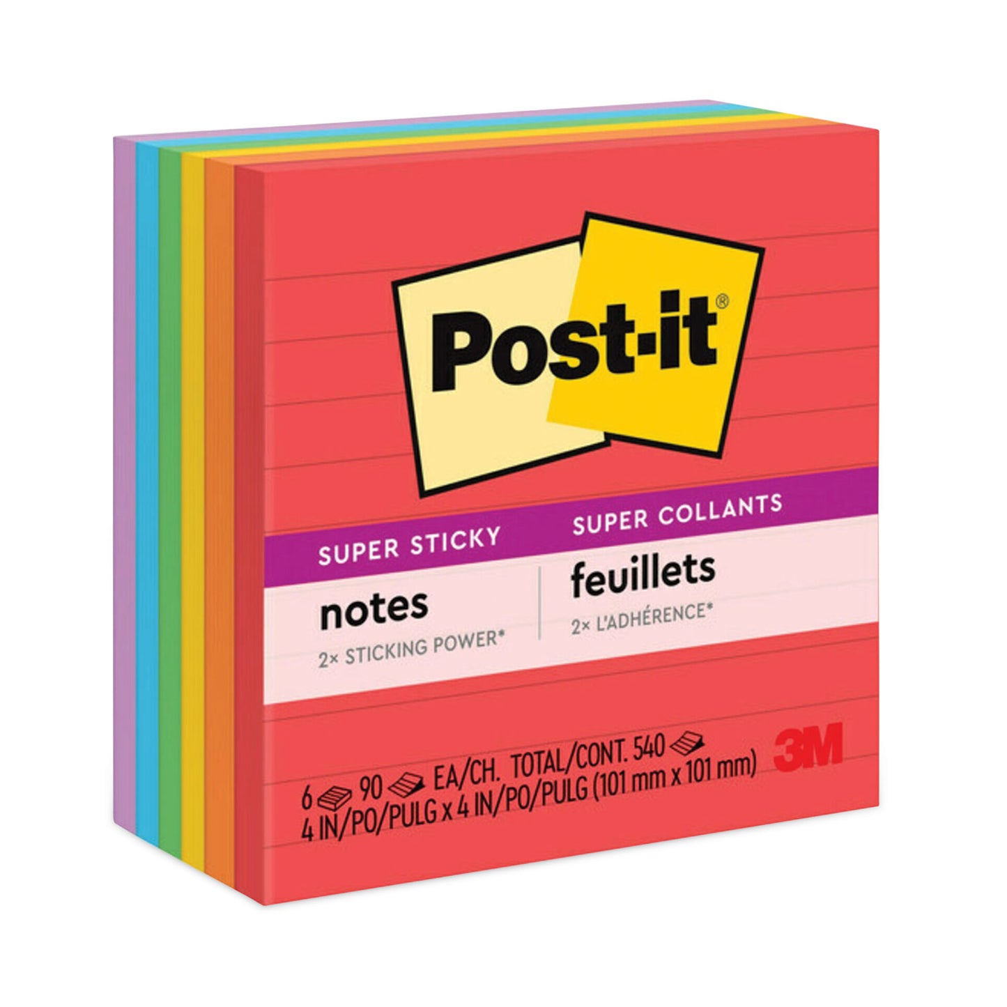 Post-it Pads in Playful Primary Collection Colors, Note Ruled, 4" x 4", 90 Sheets/Pad, 6 Pads/Pack (6756SSAN)