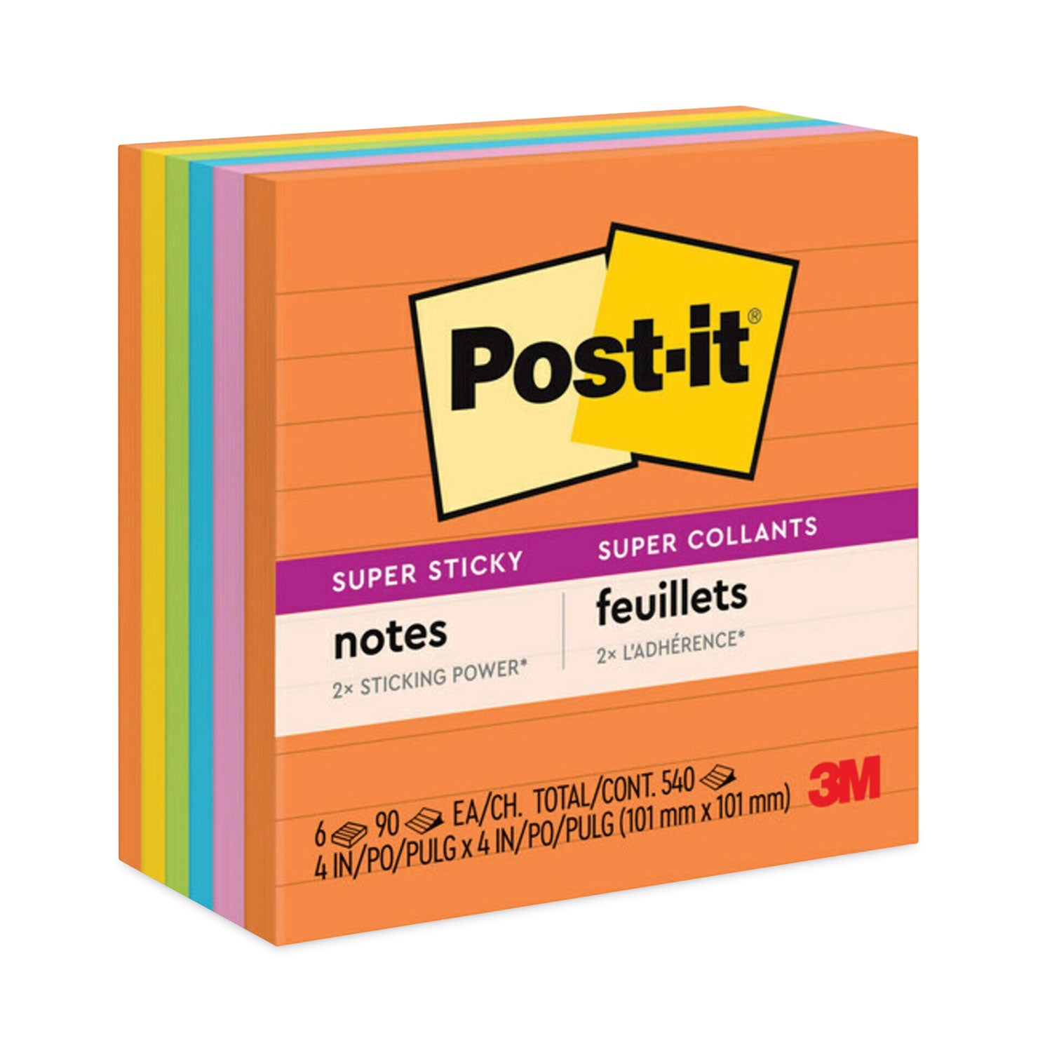 Post-it Pads in Energy Boost Collection Colors, Note Ruled, 4" x 4", 90 Sheets/Pad, 6 Pads/Pack (6756SSUC)