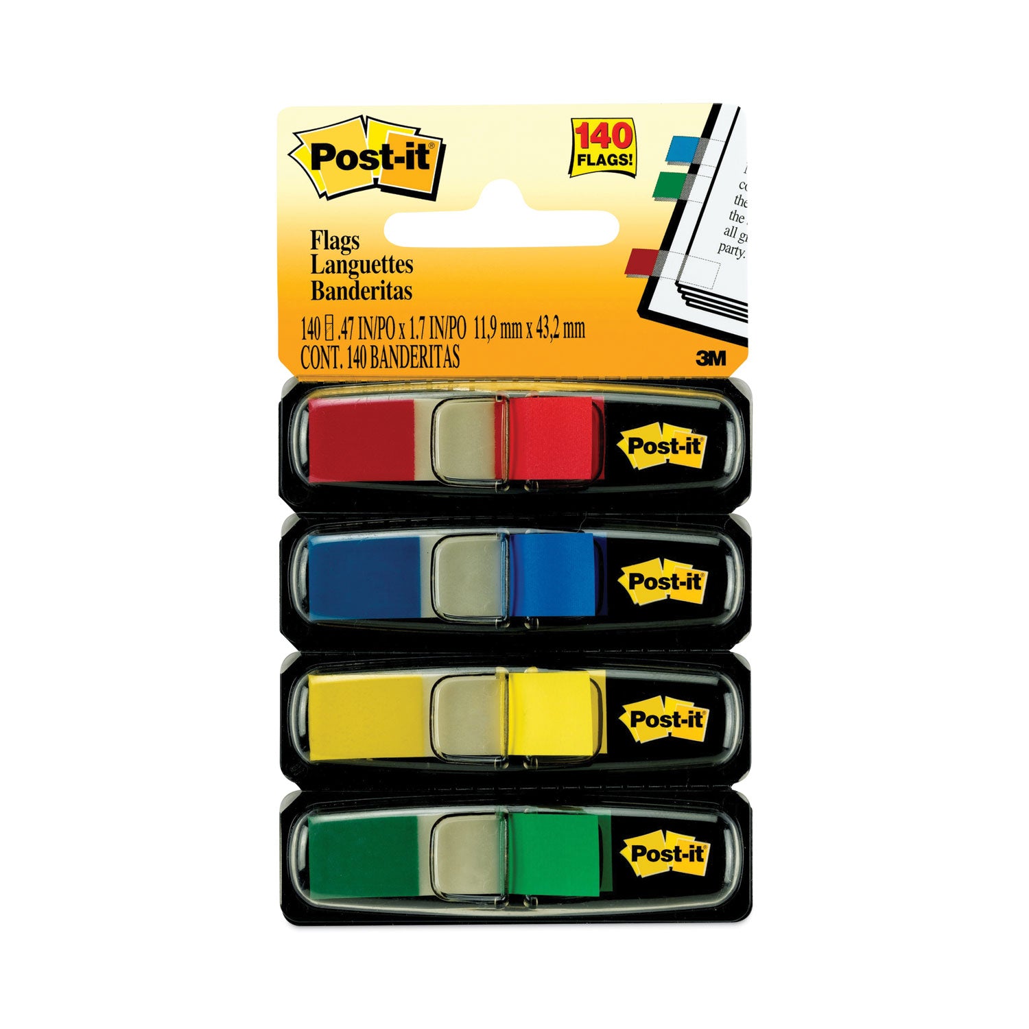 Post-it Small Page Flags in Dispensers, 0.5 x 1.75, Assorted Primary, 35/Color, 4 Dispensers/Pack (6834)