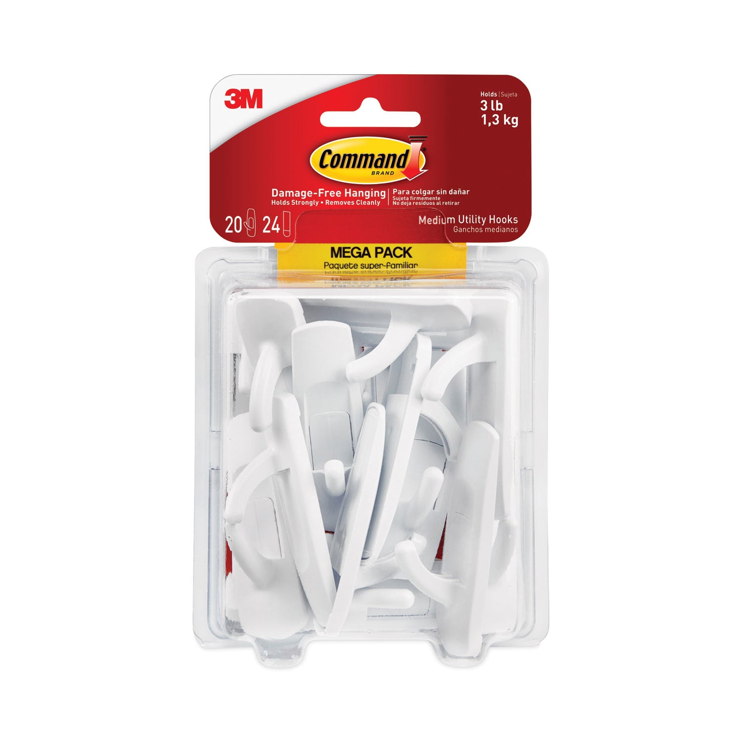 Command General Purpose Hooks, Medium, Plastic, White, 3 lb Capacity, 20 Hooks and 24 Strips/Pack (17001MPES)