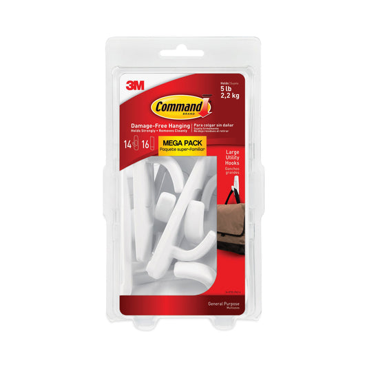 Command General Purpose Hooks, Large, Plastic, White, 5 lb Capacity, 14 Hooks and 16 Strips/Pack (17003MPES)