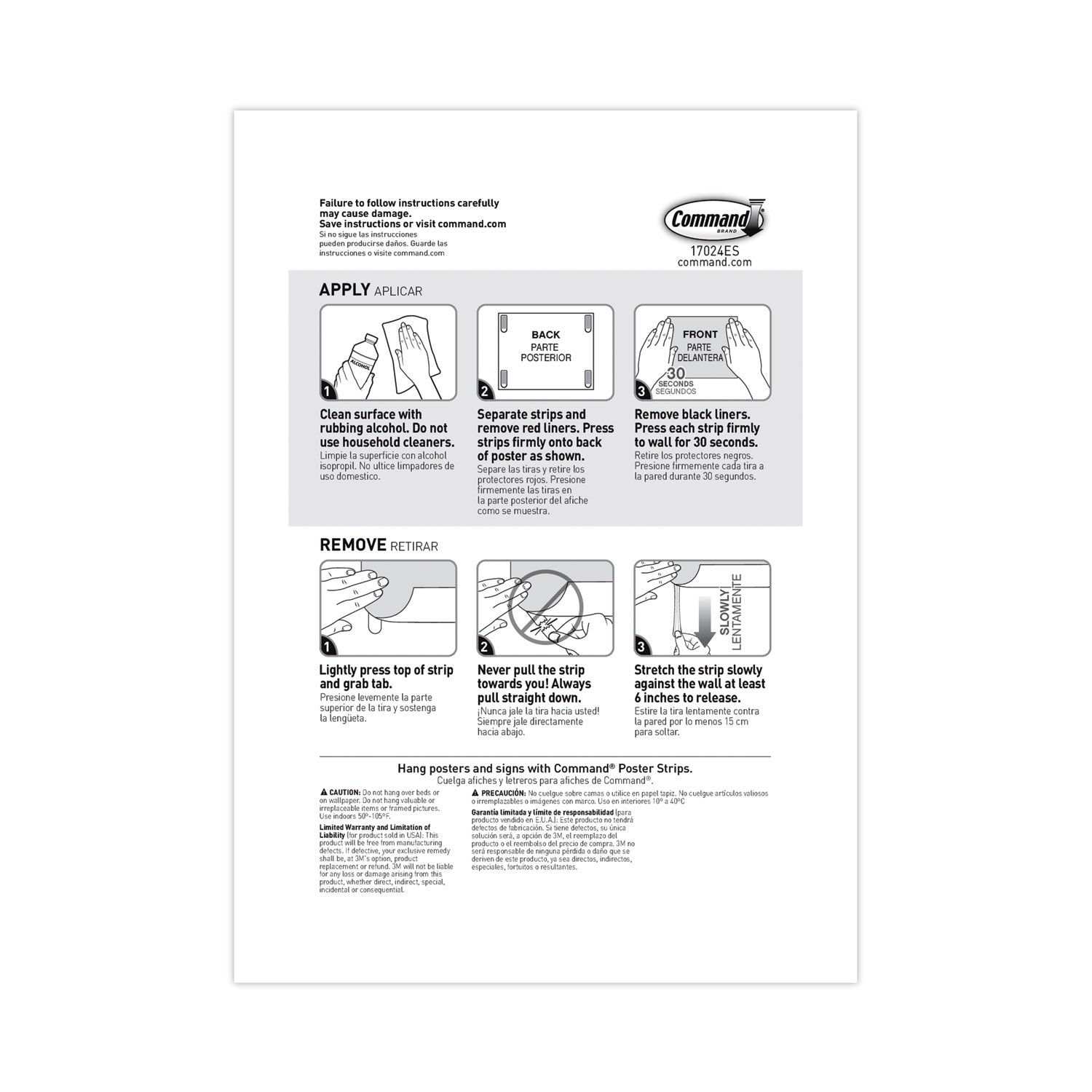 Command Poster Strips, Removable, Holds Up to 1 lb per Pair, 0.63 x 1.75, White, 4/Pack, 100 Packs/Carton (17024CABPK)