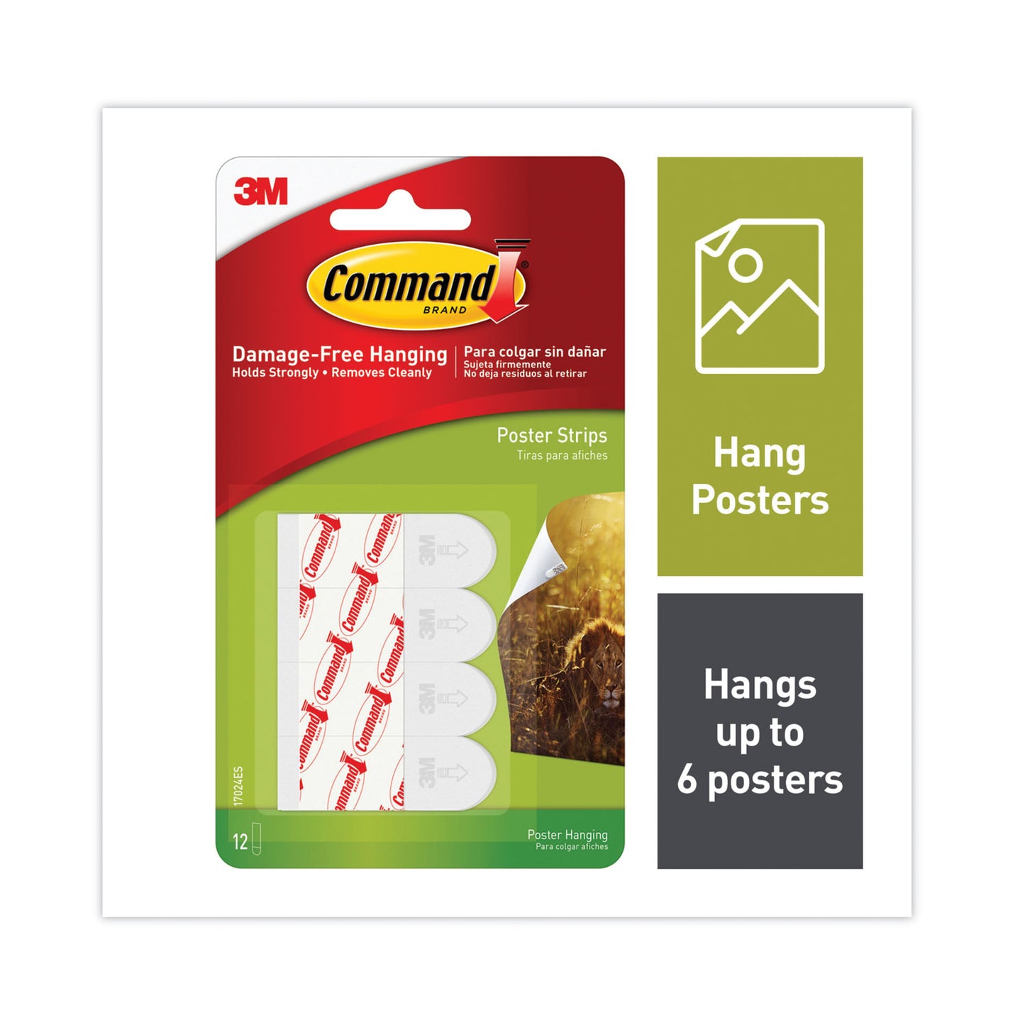 Command Poster Strips, Removable, Holds up to 1 lb per Pair, 0.63 x 1.75, White, 12/Pack (17024ES)