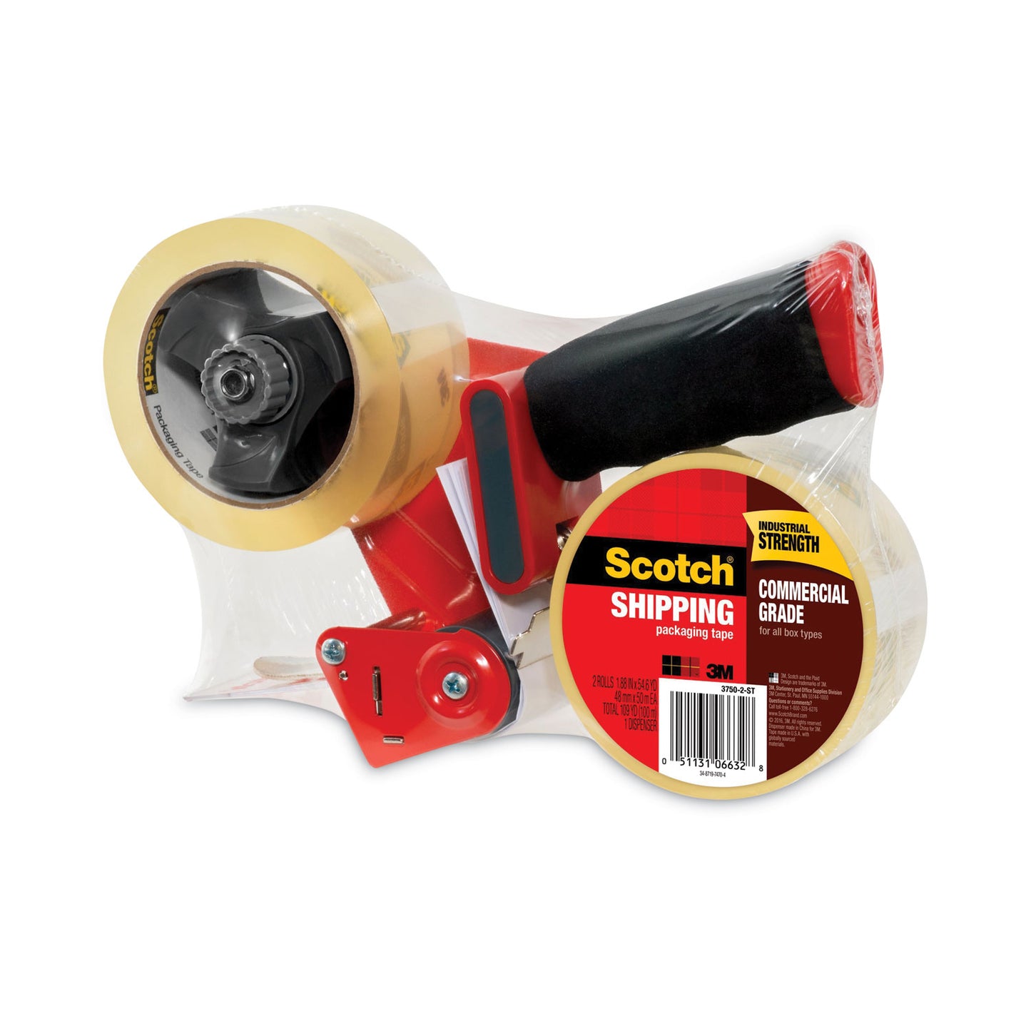 Scotch Packaging Tape Dispenser with Two Rolls of Tape, 3" Core, For Rolls Up to 0.75" x 60 yds, Red (37502ST)