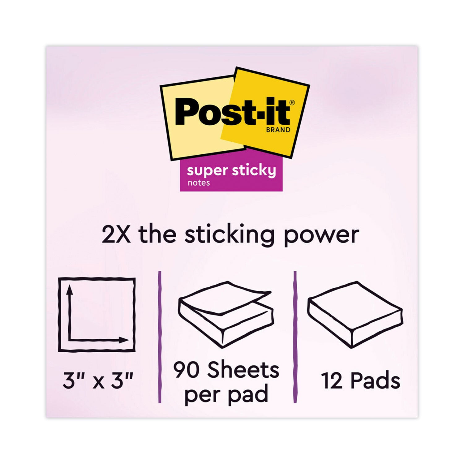 Post-it Pads in Energy Boost Collection Colors, 3" x 3", 90 Sheets/Pad, 12 Pads/Pack (65412SSUC)