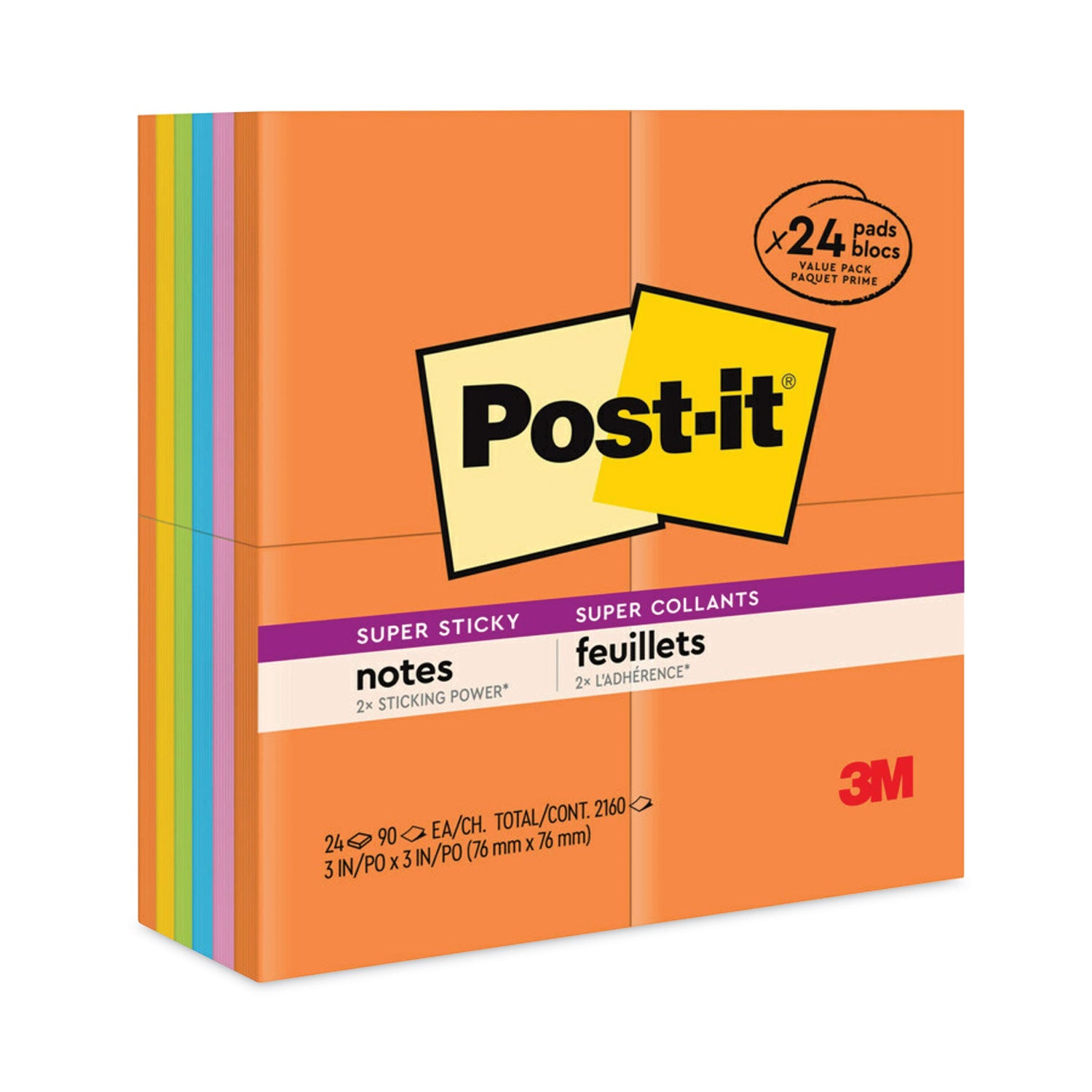 Post-it Pads in Energy Boost Collection Colors, 3" x 3", 90 Sheets/Pad, 24 Pads/Pack (65424SSAU)