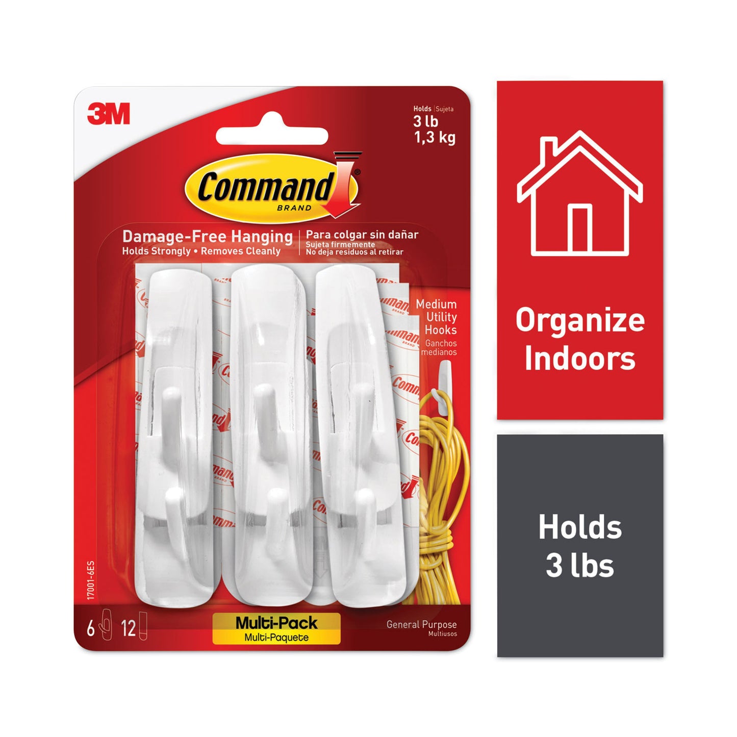 Command General Purpose Hooks Multi-Pack, Medium, Plastic, White, 3 lb Capacity, 6 Hooks and 12 Strips/Pack (170016ES)