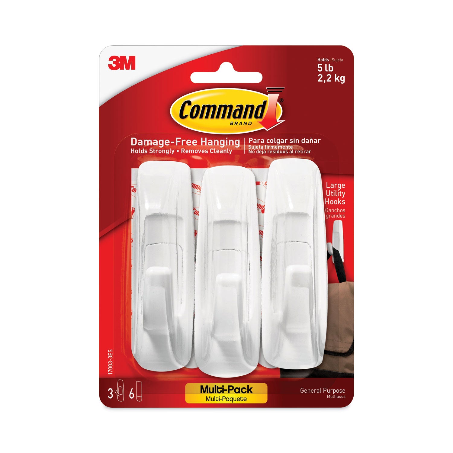 Command General Purpose Hooks Multi-Pack, Large, Plastic, White, 5 lb Capacity, 3 Hooks and 6 Strips/Pack (170033ES)