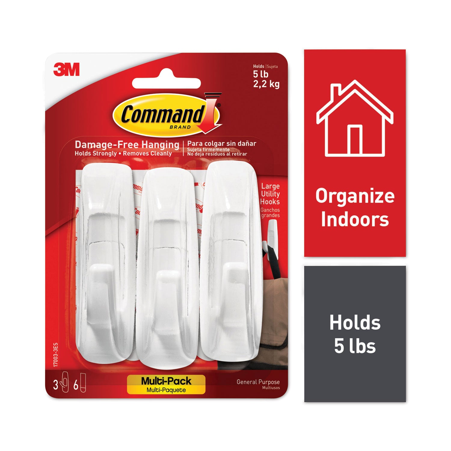 Command General Purpose Hooks Multi-Pack, Large, Plastic, White, 5 lb Capacity, 3 Hooks and 6 Strips/Pack (170033ES)