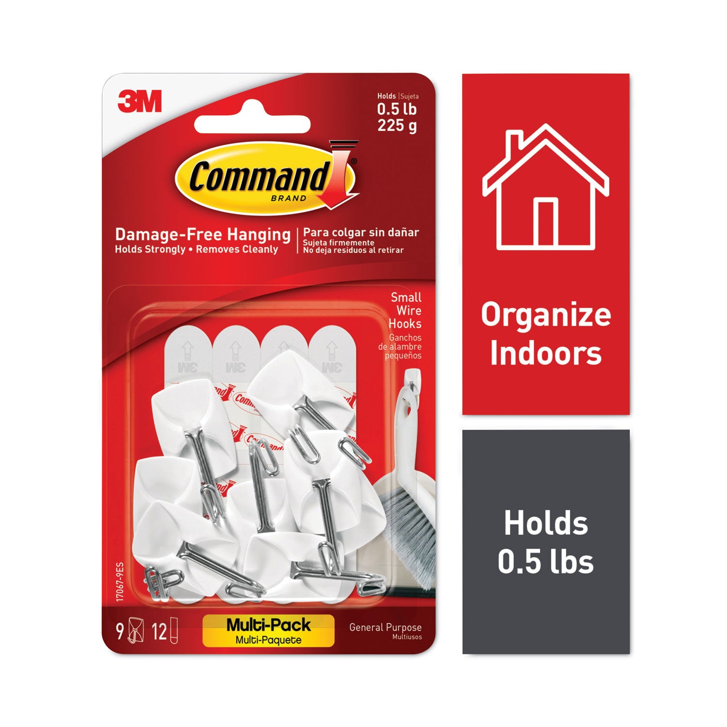 Command General Purpose Wire Hooks Multi-Pack, Small, Metal, White, 0.5 lb Capacity, 9 Hooks and 12 Strips/Pack (170679ES)