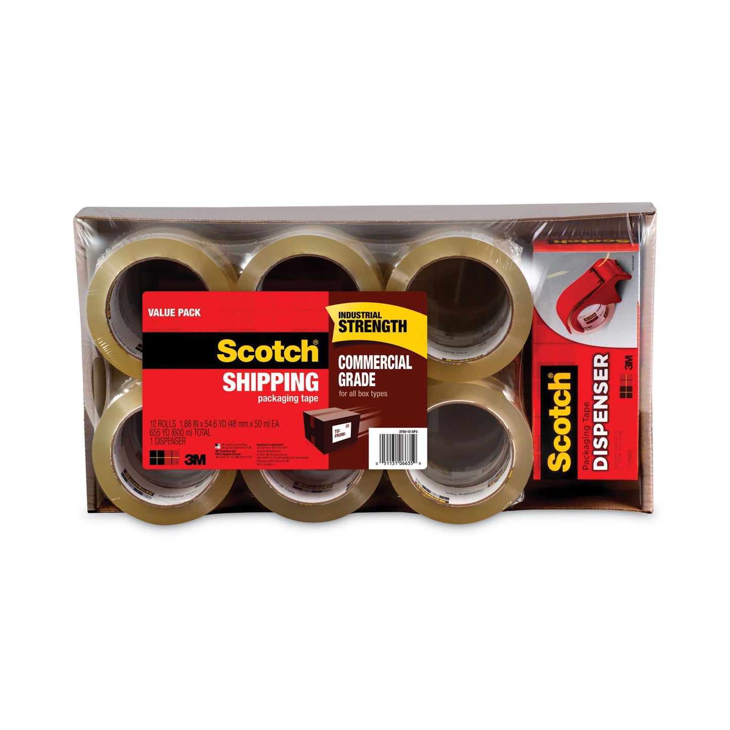 Scotch 3750 Commercial Grade Packaging Tape with DP300 Dispenser, 3" Core, 1.88" x 54.6 yds, Clear, 12/Pack (375012DP3)