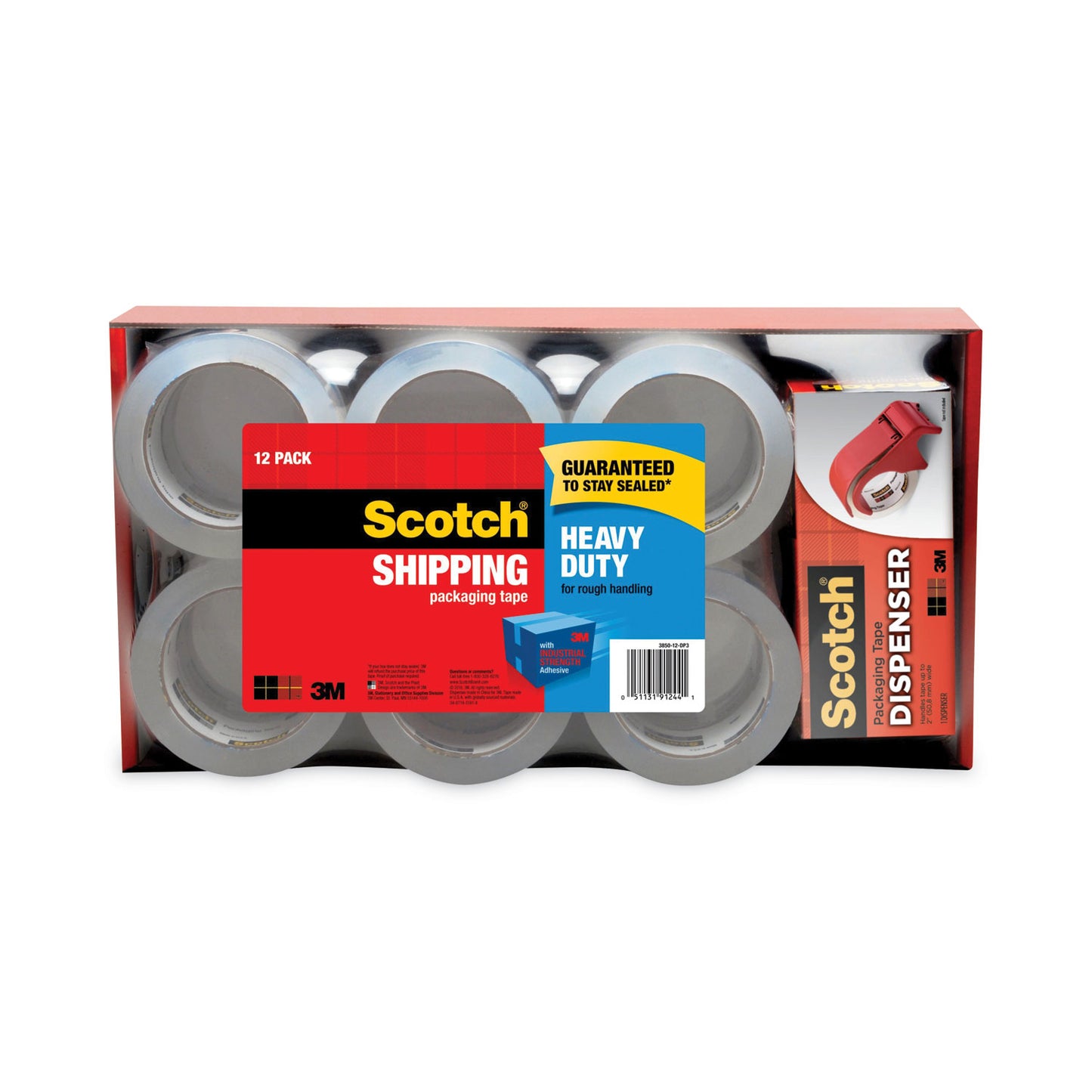 Scotch 3850 Heavy-Duty Packaging Tape with DP300 Dispenser, 3" Core, 1.88" x 54.6 yds, Clear, 12/Pack (385012DP3)