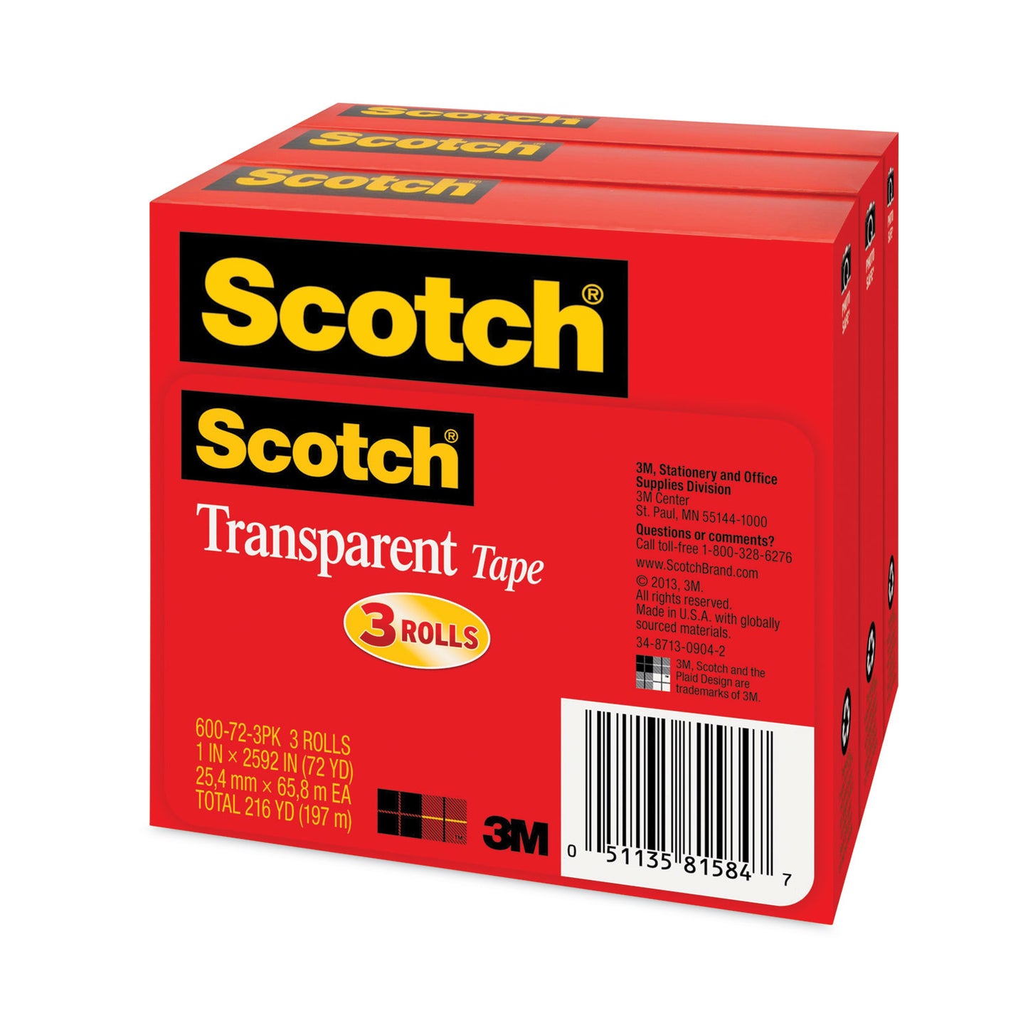 Scotch Transparent Tape, 3" Core, 1" x 72 yds, Transparent, 3/Pack (600723PK)