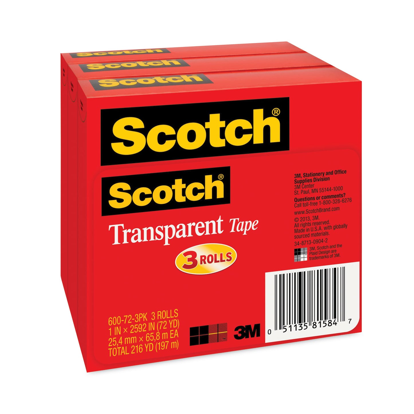 Scotch Transparent Tape, 3" Core, 1" x 72 yds, Transparent, 3/Pack (600723PK)