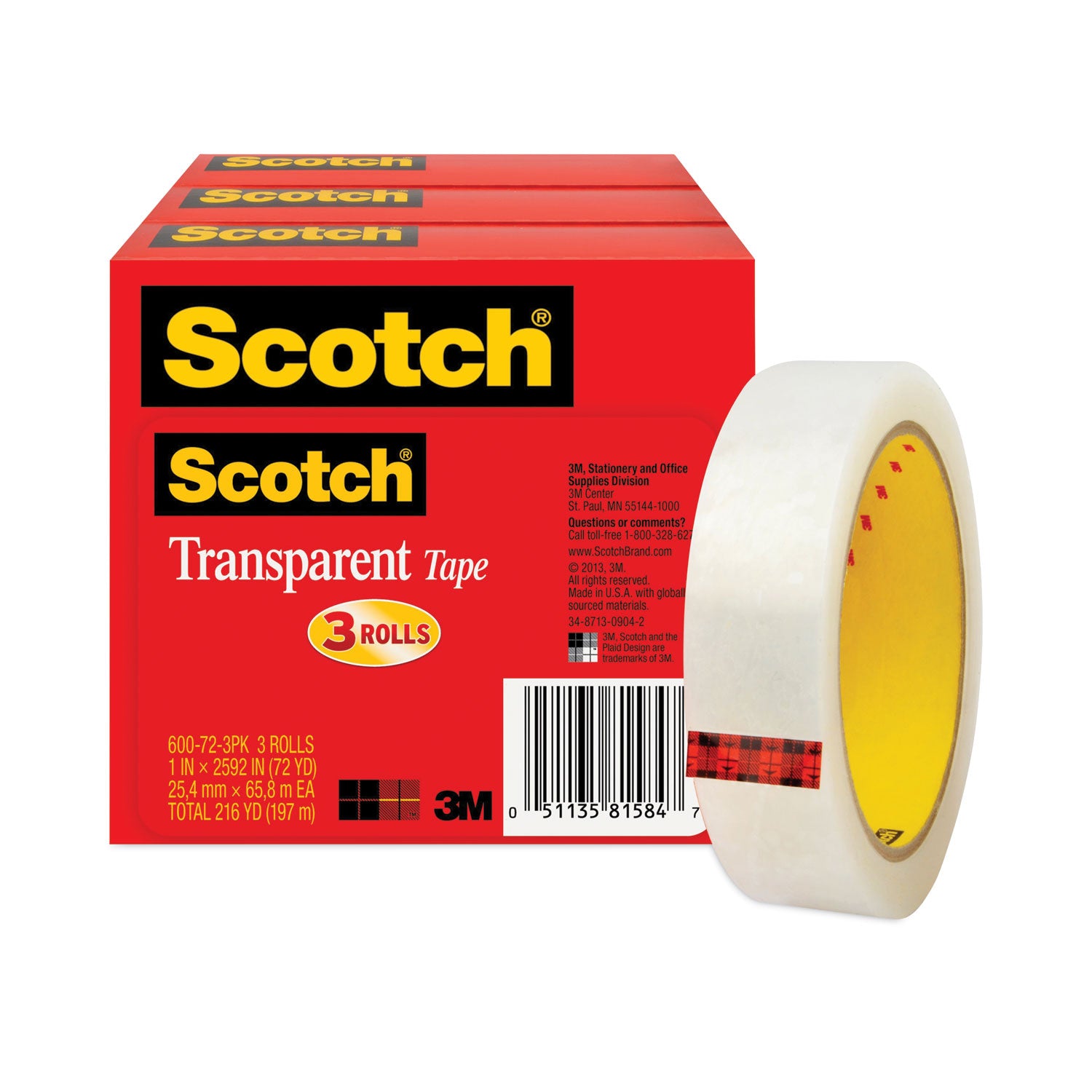 Scotch Transparent Tape, 3" Core, 1" x 72 yds, Transparent, 3/Pack (600723PK)