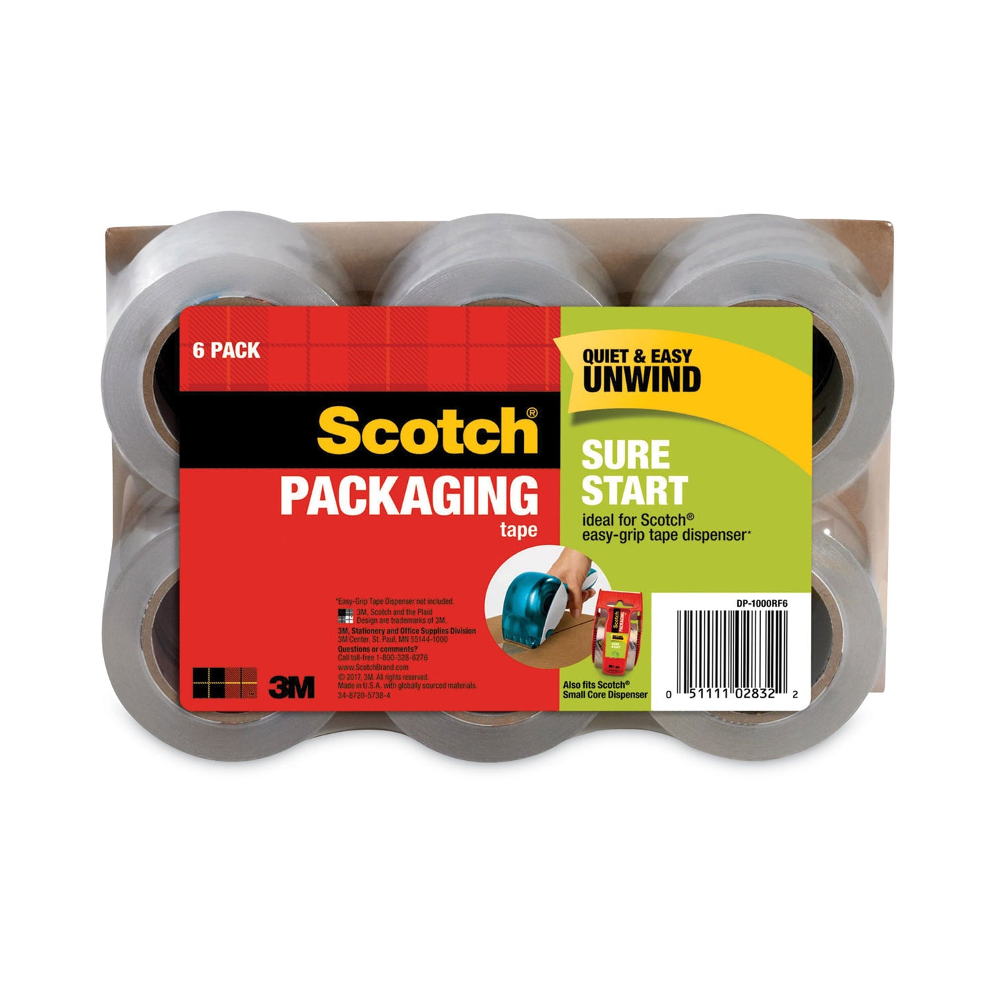 Scotch Sure Start Packaging Tape for DP1000 Dispensers, 1.5" Core, 1.88" x 75 ft, Clear, 6/Pack (DP1000RF6)