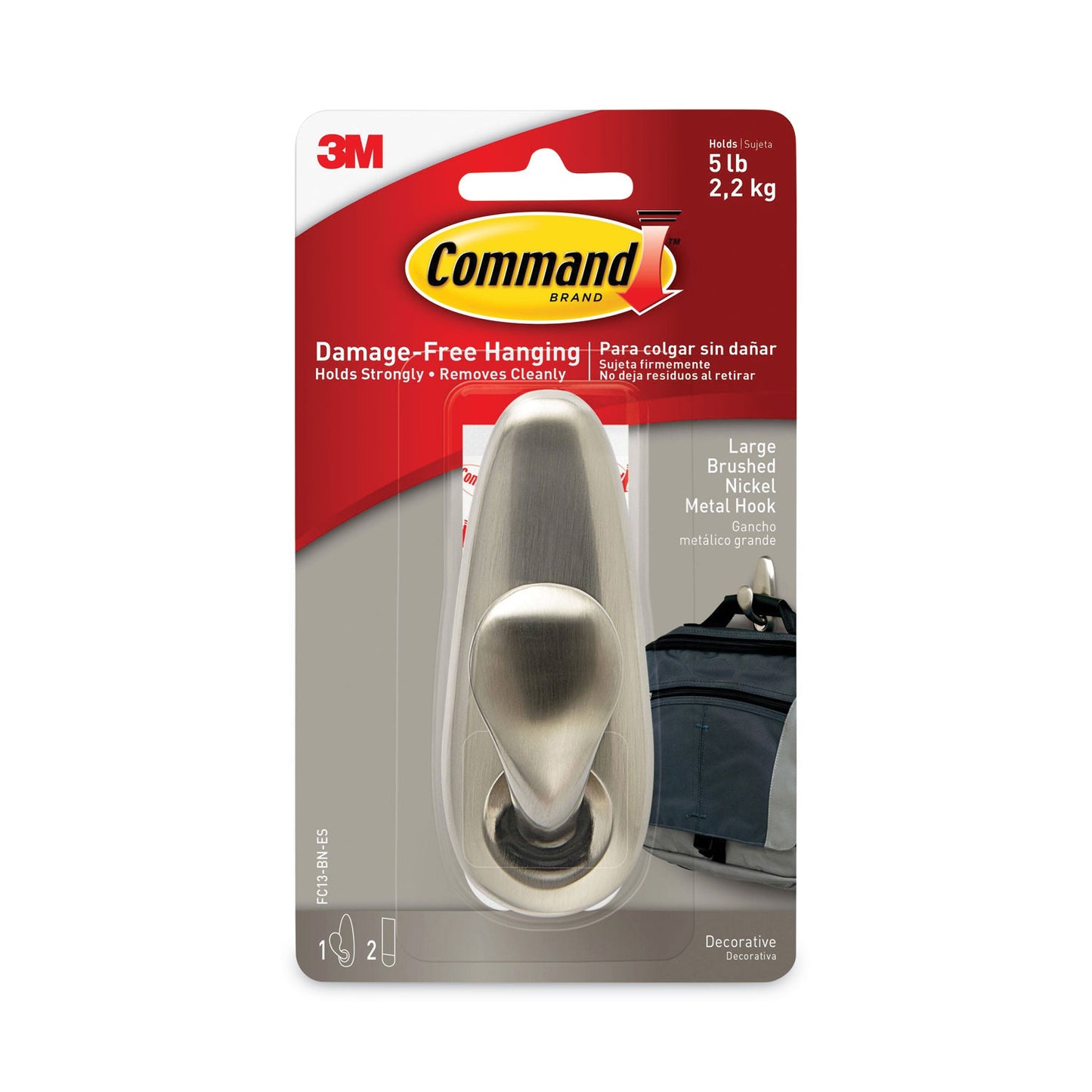 Command Adhesive Mount Metal Hook, Large, Brushed Nickel Finish, 5 lb Capacity, 1 Hook and 2 Strips/Pack (FC13BNES)
