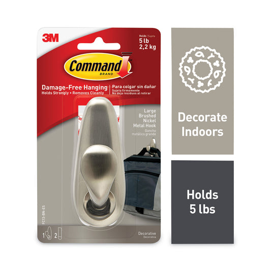 Command Adhesive Mount Metal Hook, Large, Brushed Nickel Finish, 5 lb Capacity, 1 Hook and 2 Strips/Pack (FC13BNES)