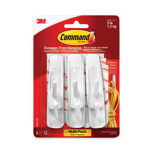 Command General Purpose Hooks Multi-Pack, Medium, Plastic, White, 3 lb Capacity, 6 Hooks and 12 Strips/Pack (170016ES)