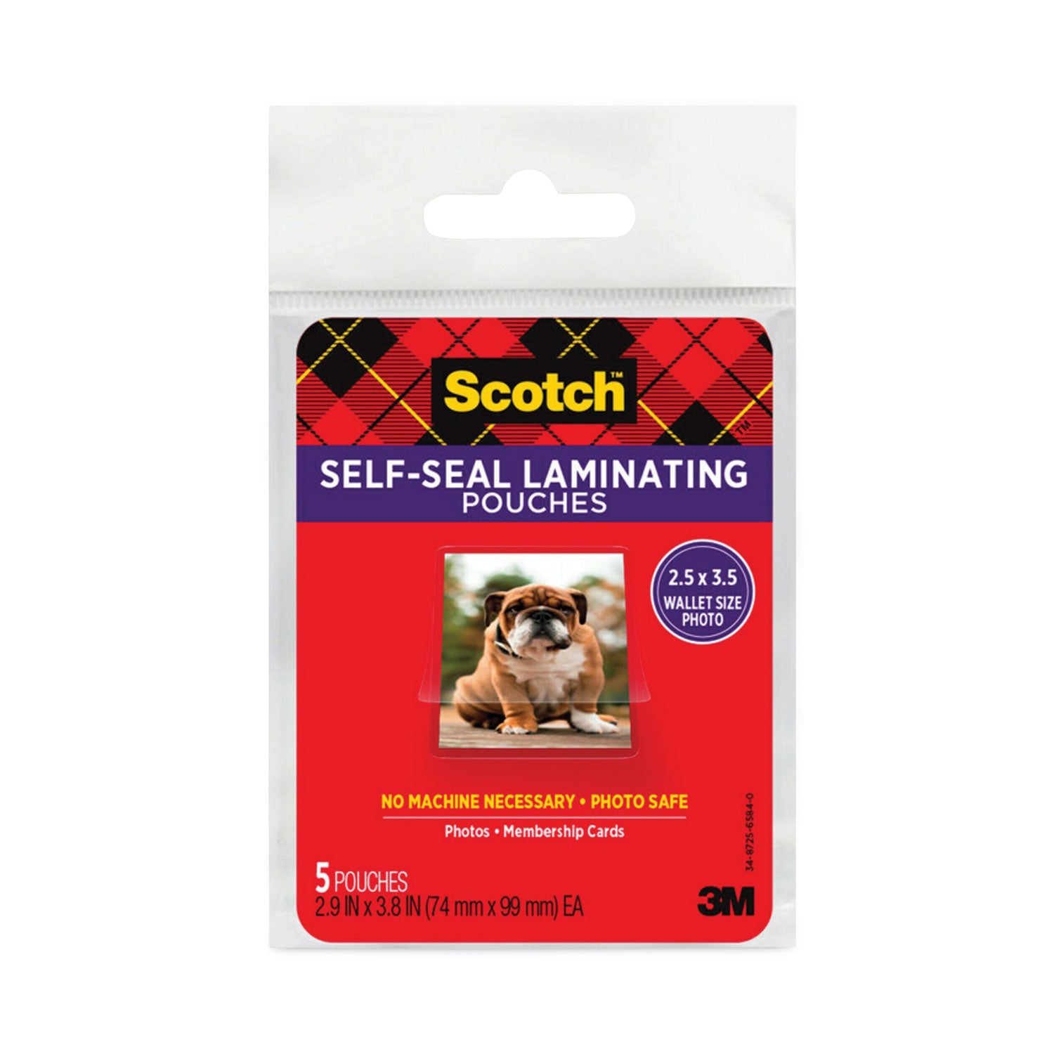 Scotch Self-Sealing Laminating Pouches, 9.5 mil, 2.81" x 3.75", Gloss Clear, 5/Pack (PL903G)