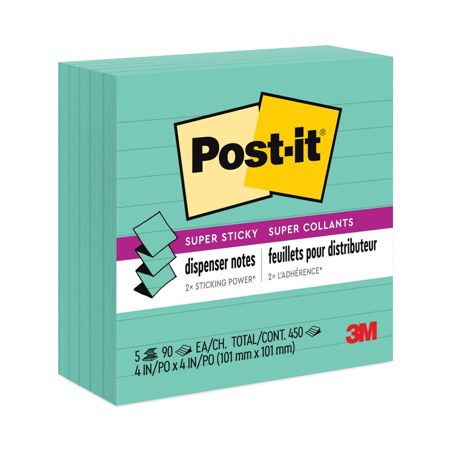 Post-it Pop-up Notes Refill, Note Ruled, 4" x 4", Aqua Wave, 90 Sheets/Pad, 5 Pads/Pack (R440WASS)