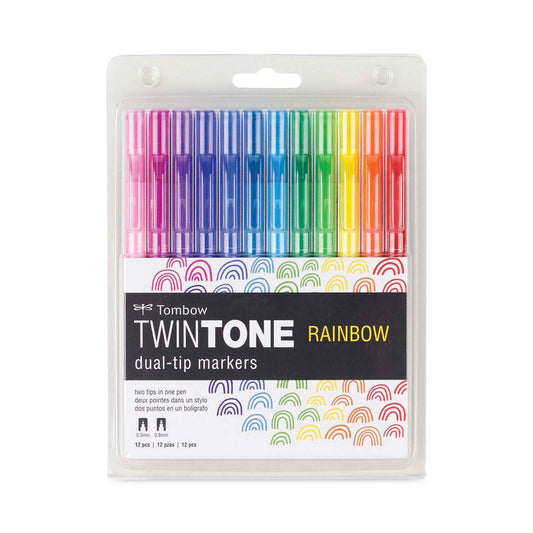 Tombow TwinTone Dual-Tip Markers, Extra-Fine/Broad Tips, Assorted Colors, Dozen (61526)