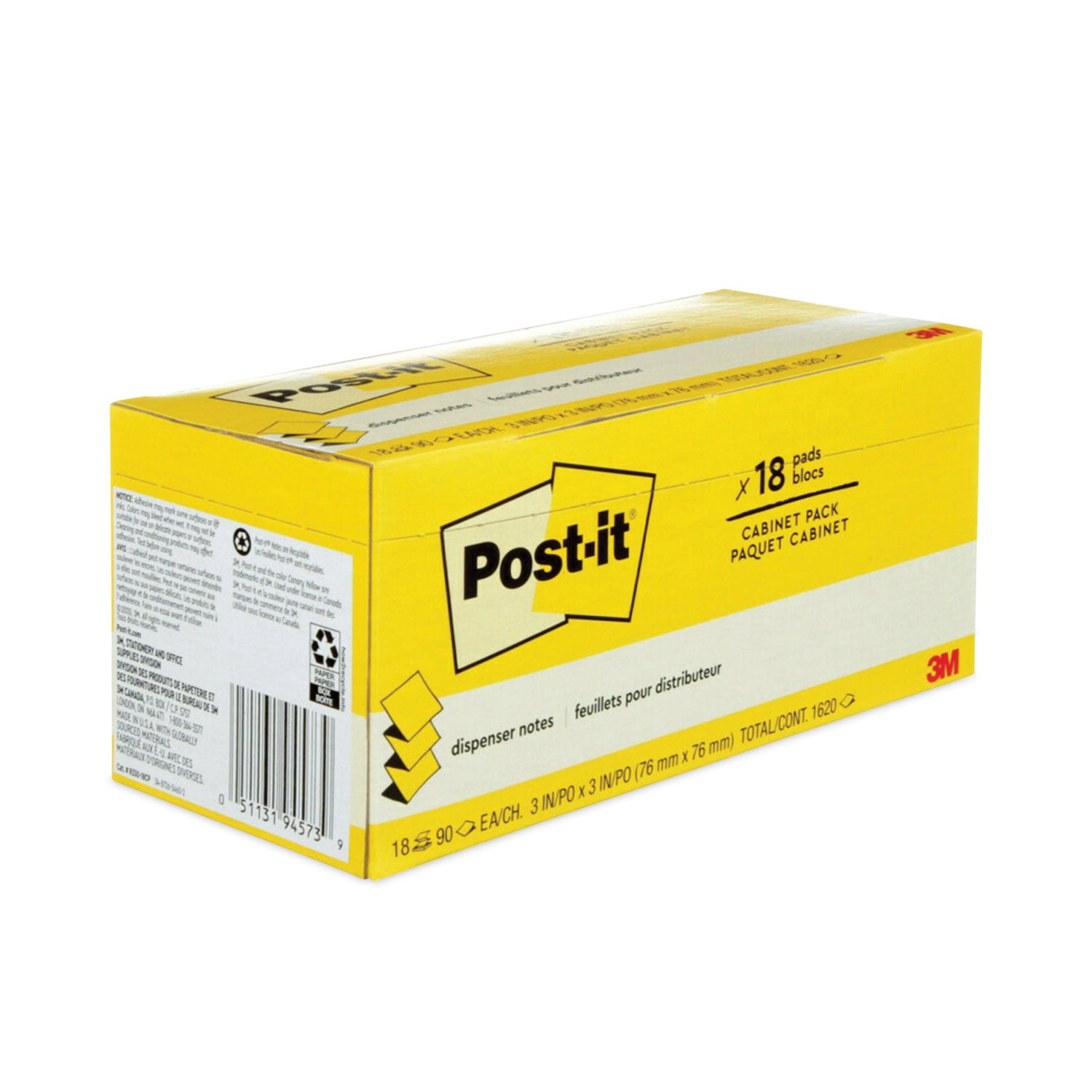 Post-it Original Canary Yellow Pop-up Refill Cabinet Pack, 3" x 3", Canary Yellow, 90 Sheets/Pad, 18 Pads/Pack (R33018CP)