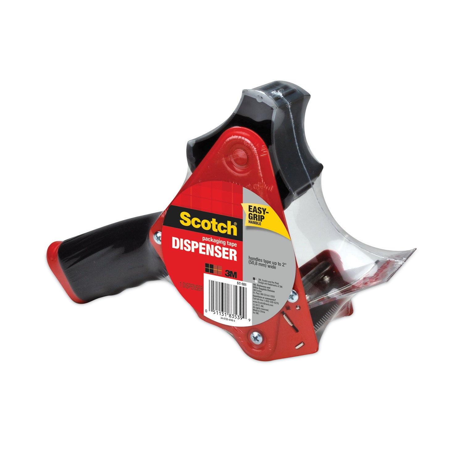 Scotch Pistol Grip Packaging Tape Dispenser, 3" Core, For Rolls Up to 2" x 60 yds, Red (ST181)