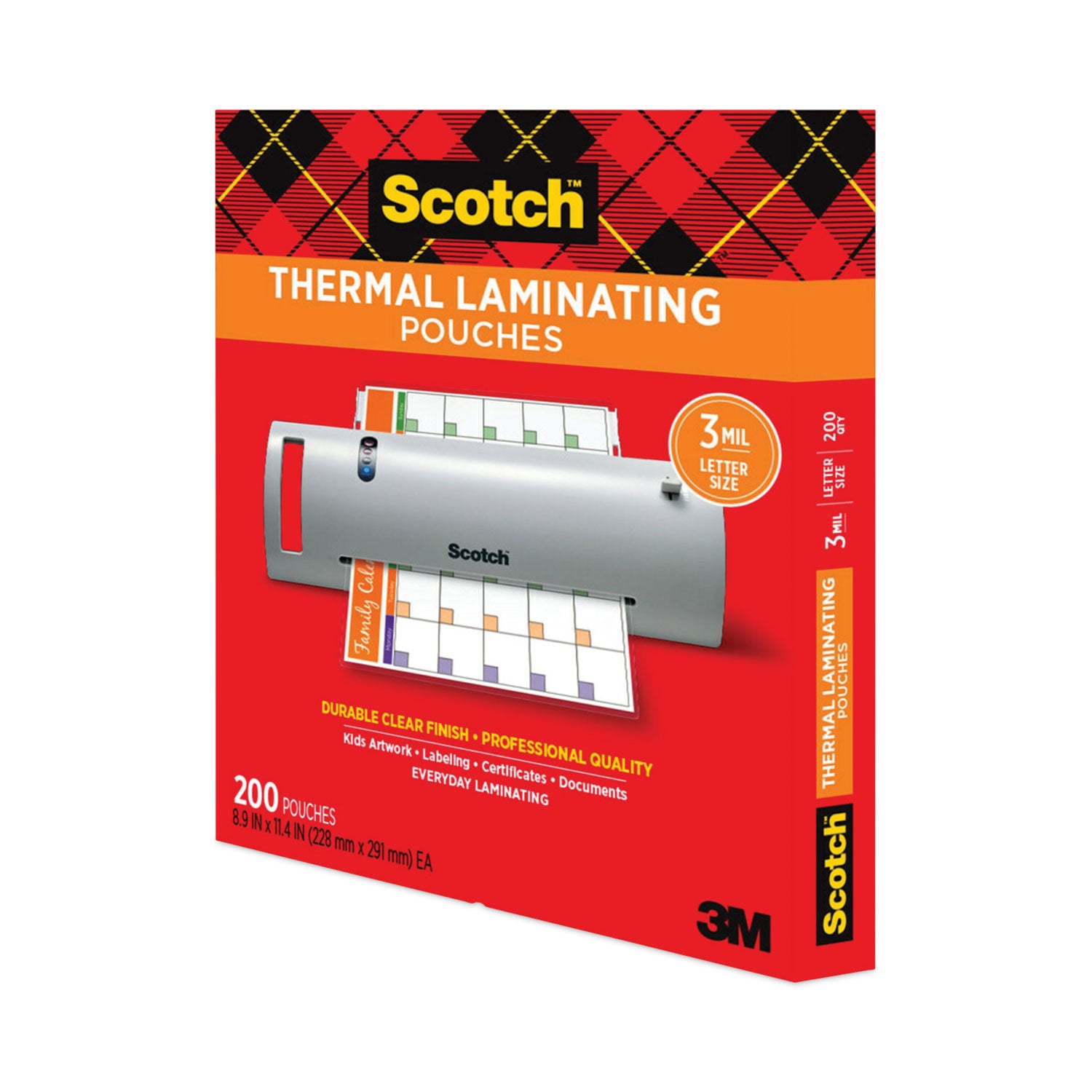 Scotch Laminating Pouches, 3 mil, 9" x 11.5", Gloss Clear, 200/Pack (TP3854200)