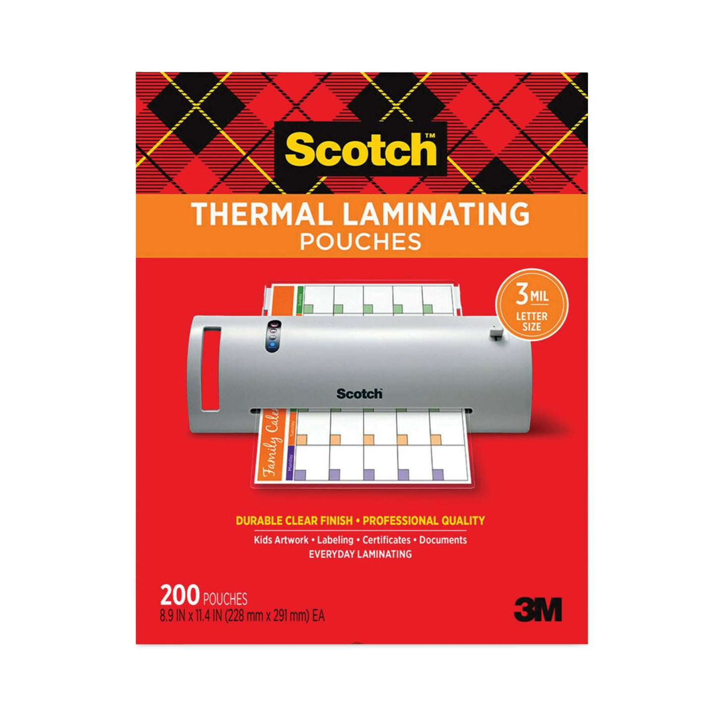 Scotch Laminating Pouches, 3 mil, 9" x 11.5", Gloss Clear, 200/Pack (TP3854200)