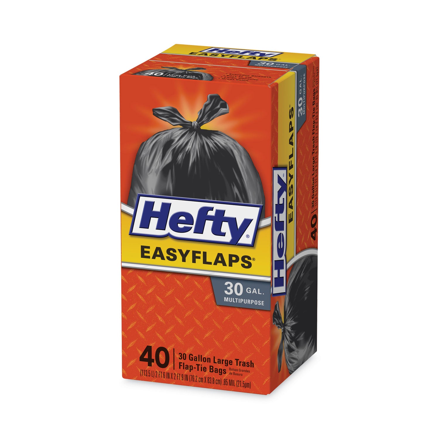 Hefty Easy Flaps Trash Bags, Tie-Flap, 30 gal, 1.05 mil, 30" x 33", Black, 40/Box (E27744)