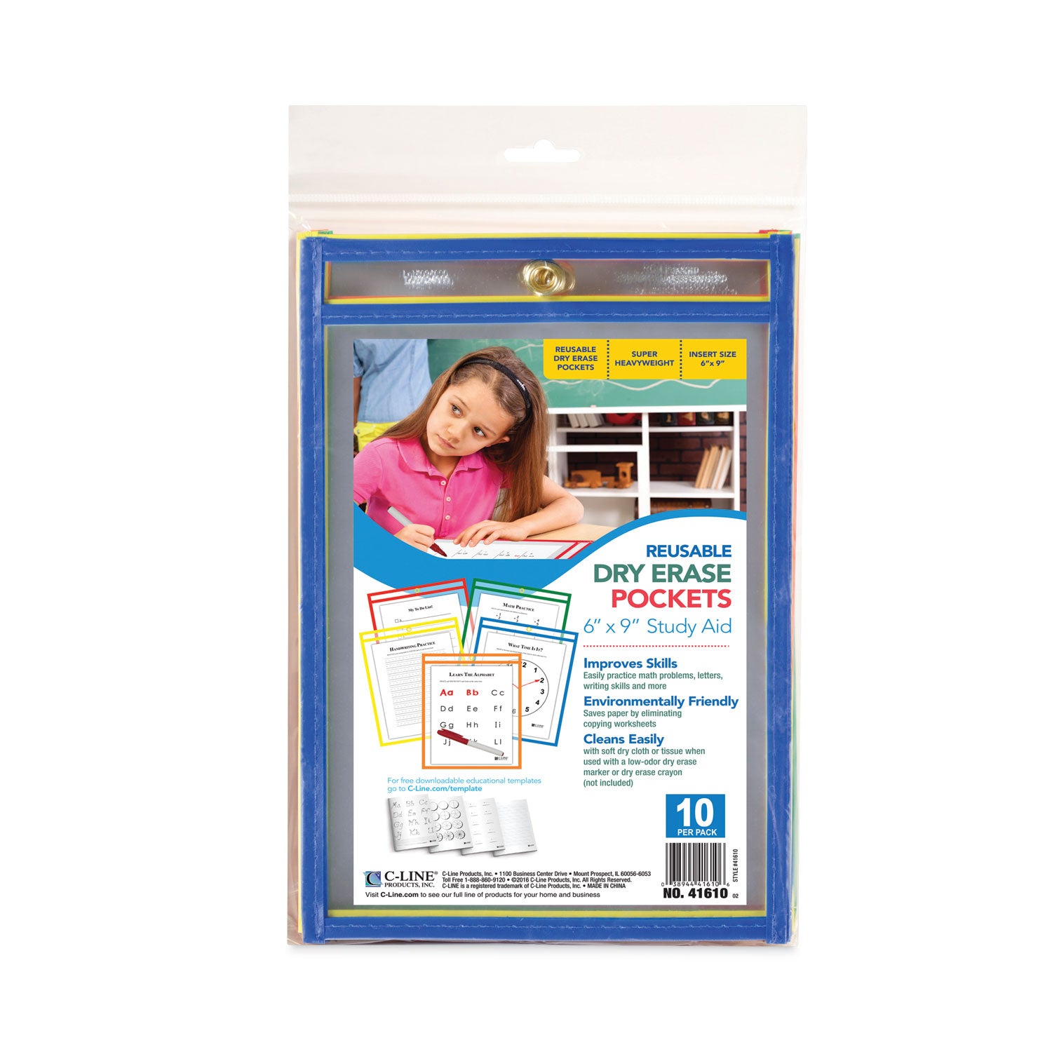 C-Line Reusable Dry Erase Pockets, 6 x 9, Assorted Primary Colors, 10/Pack (41610)