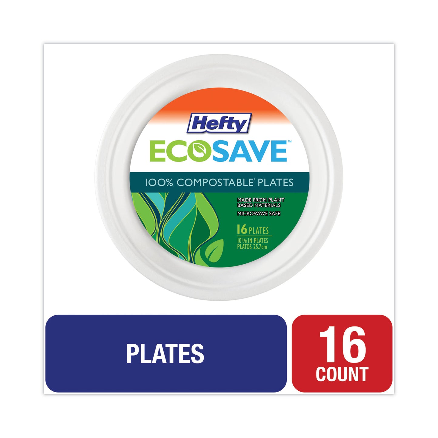 Hefty ECOSAVE Tableware, Plate, Bagasse, 10.13" dia, White, 16/Pack (D71016PK)