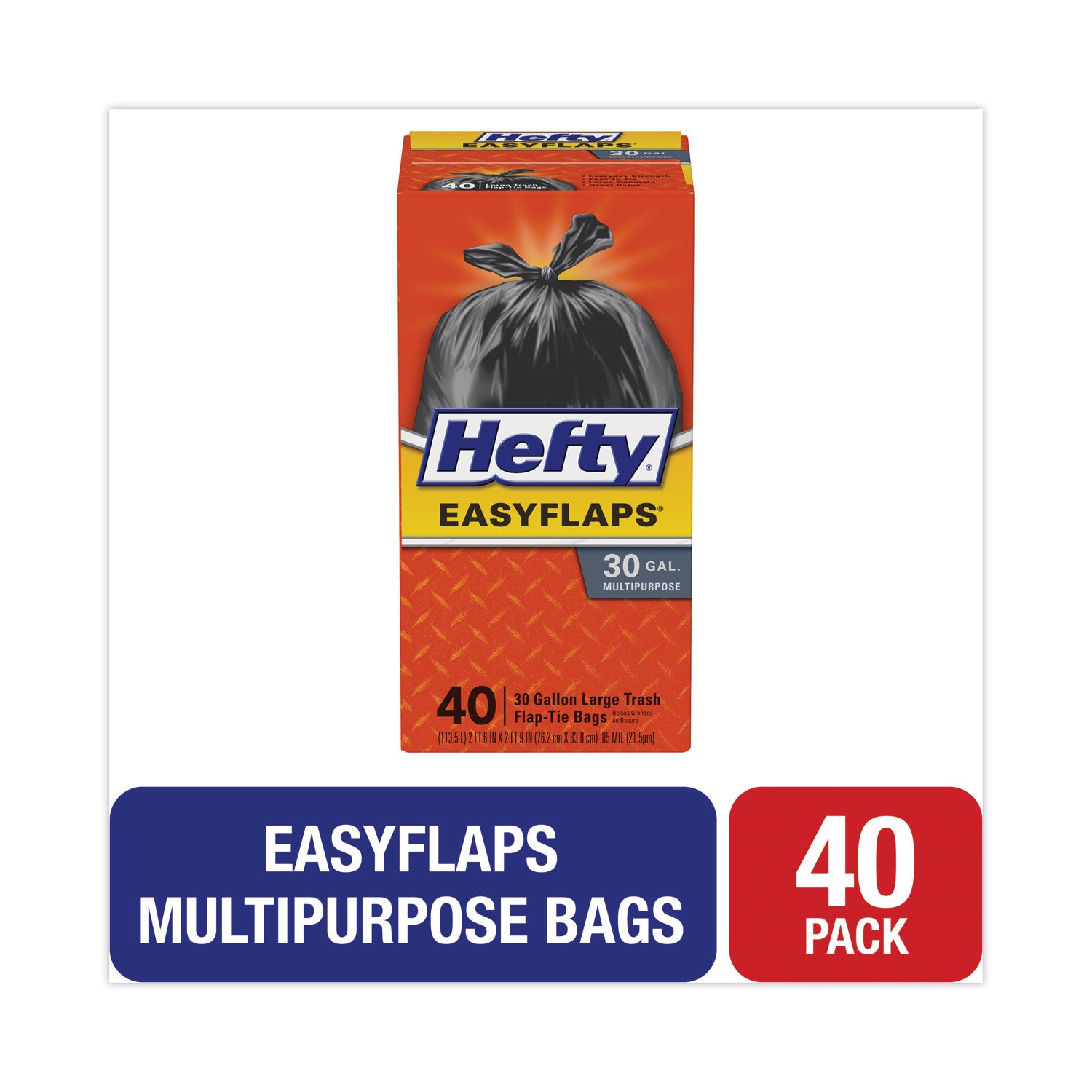 Hefty Easy Flaps Trash Bags, Tie-Flap, 30 gal, 1.05 mil, 30" x 33", Black, 40/Box (E27744)