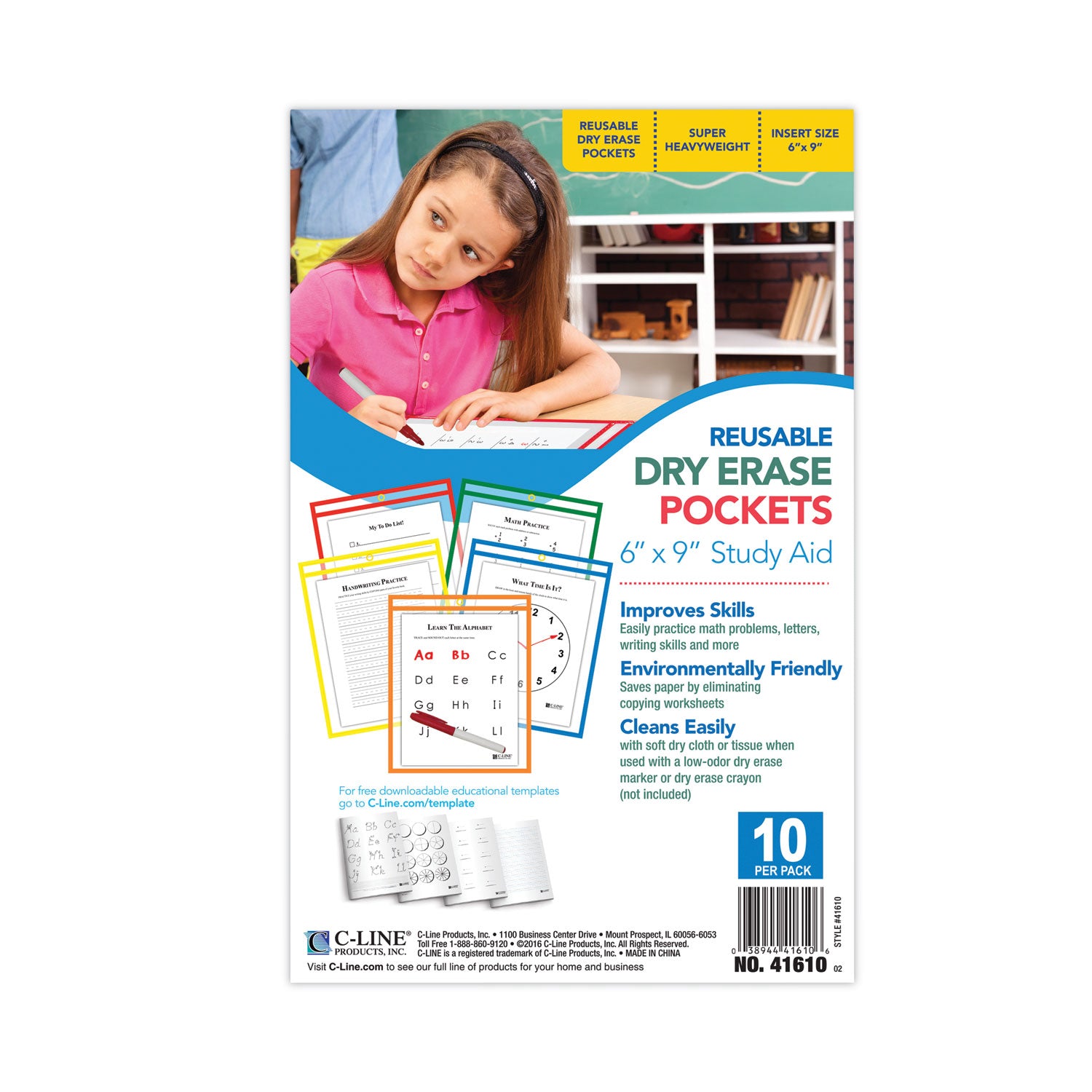 C-Line Reusable Dry Erase Pockets, 6 x 9, Assorted Primary Colors, 10/Pack (41610)