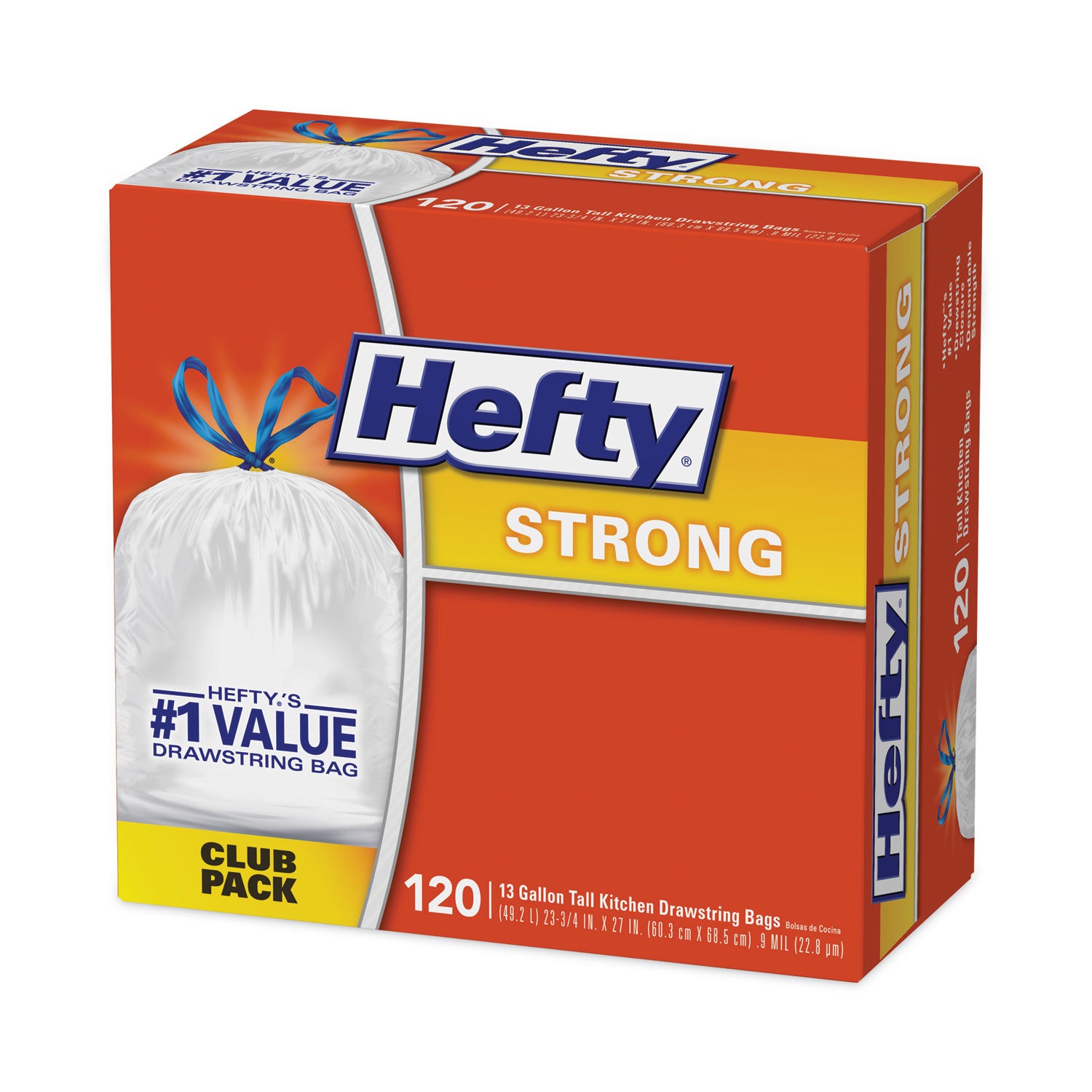 Hefty Strong Tall Kitchen Drawstring Bags, 13 gal, 24" x 27.75", White, 120/Box (E84562)