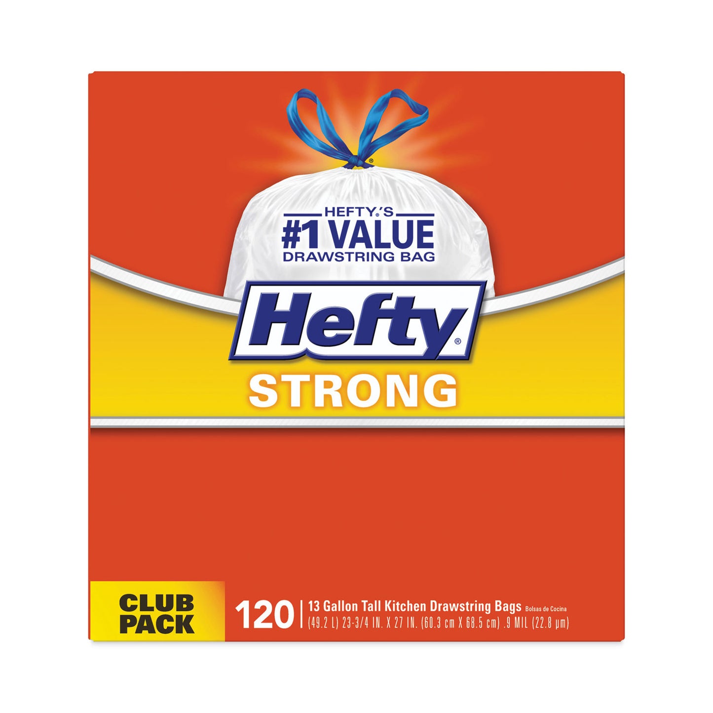 Hefty Strong Tall Kitchen Drawstring Bags, 13 gal, 24" x 27.75", White, 120/Box (E84562)