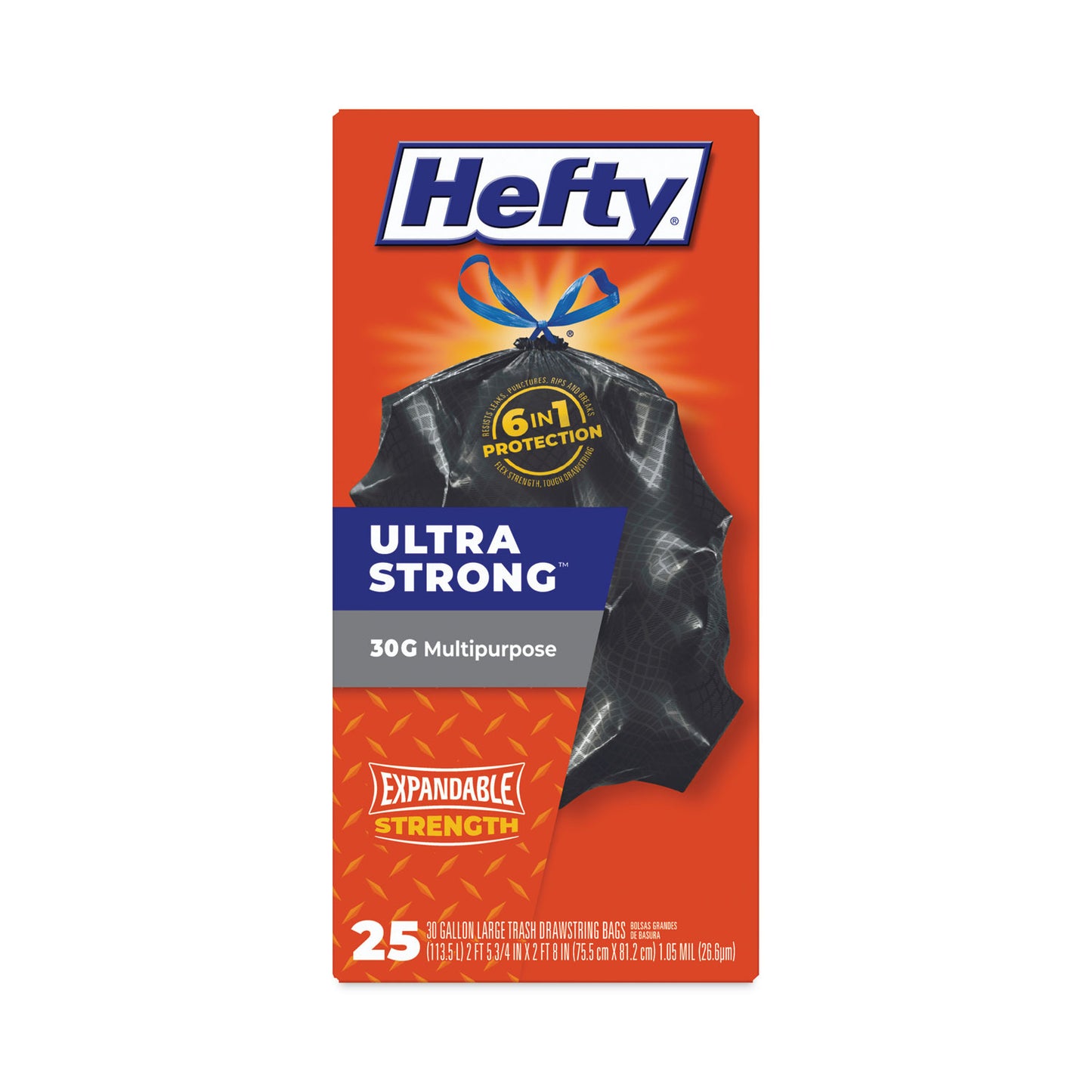 Hefty Ultra Flex Waste Bags, Drawstring, 30 gal, 1.05 mil, 6" x 2.1", Black, 150/Carton (E80627)