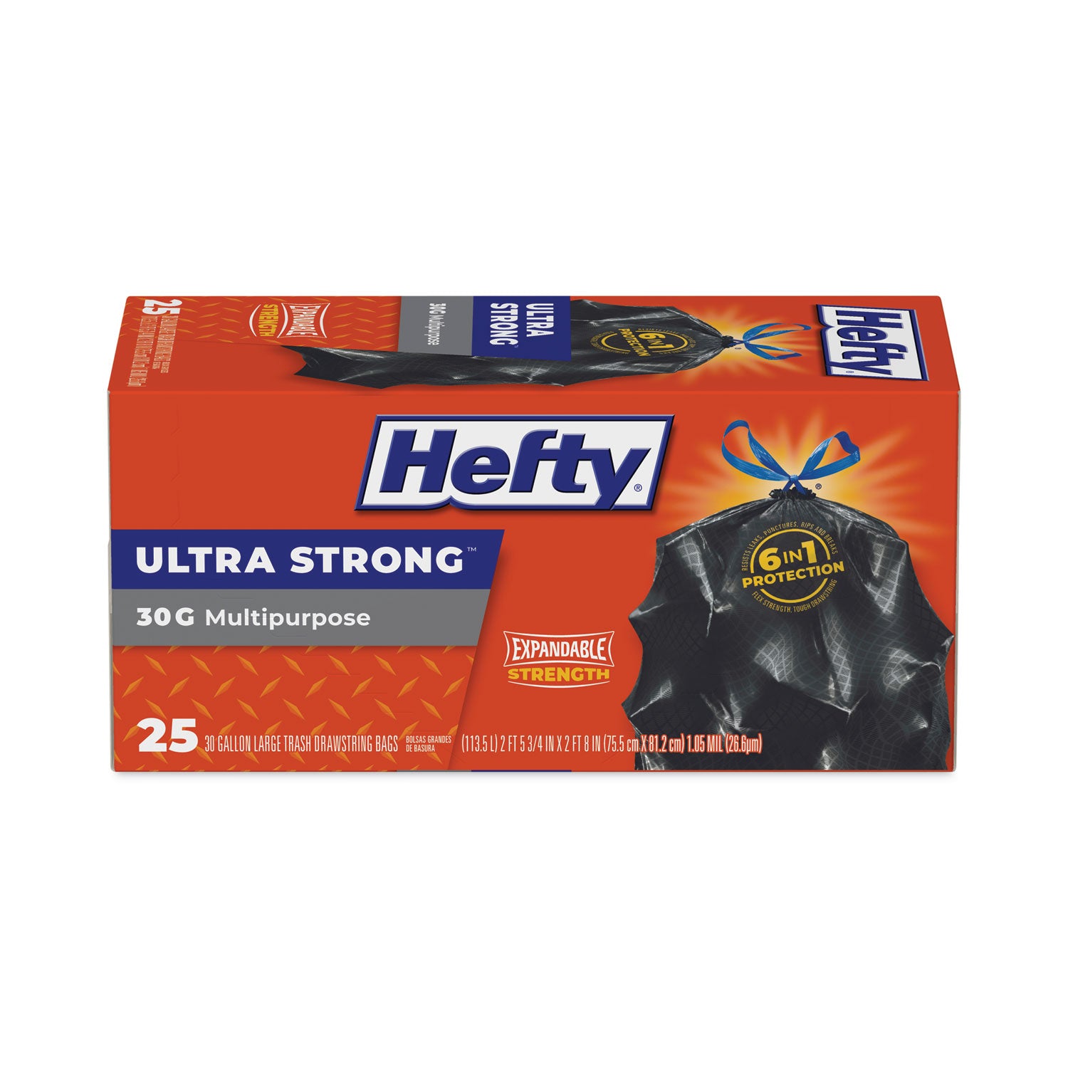 Hefty Ultra Flex Waste Bags, Drawstring, 30 gal, 1.05 mil, 6" x 2.1", Black, 150/Carton (E80627)